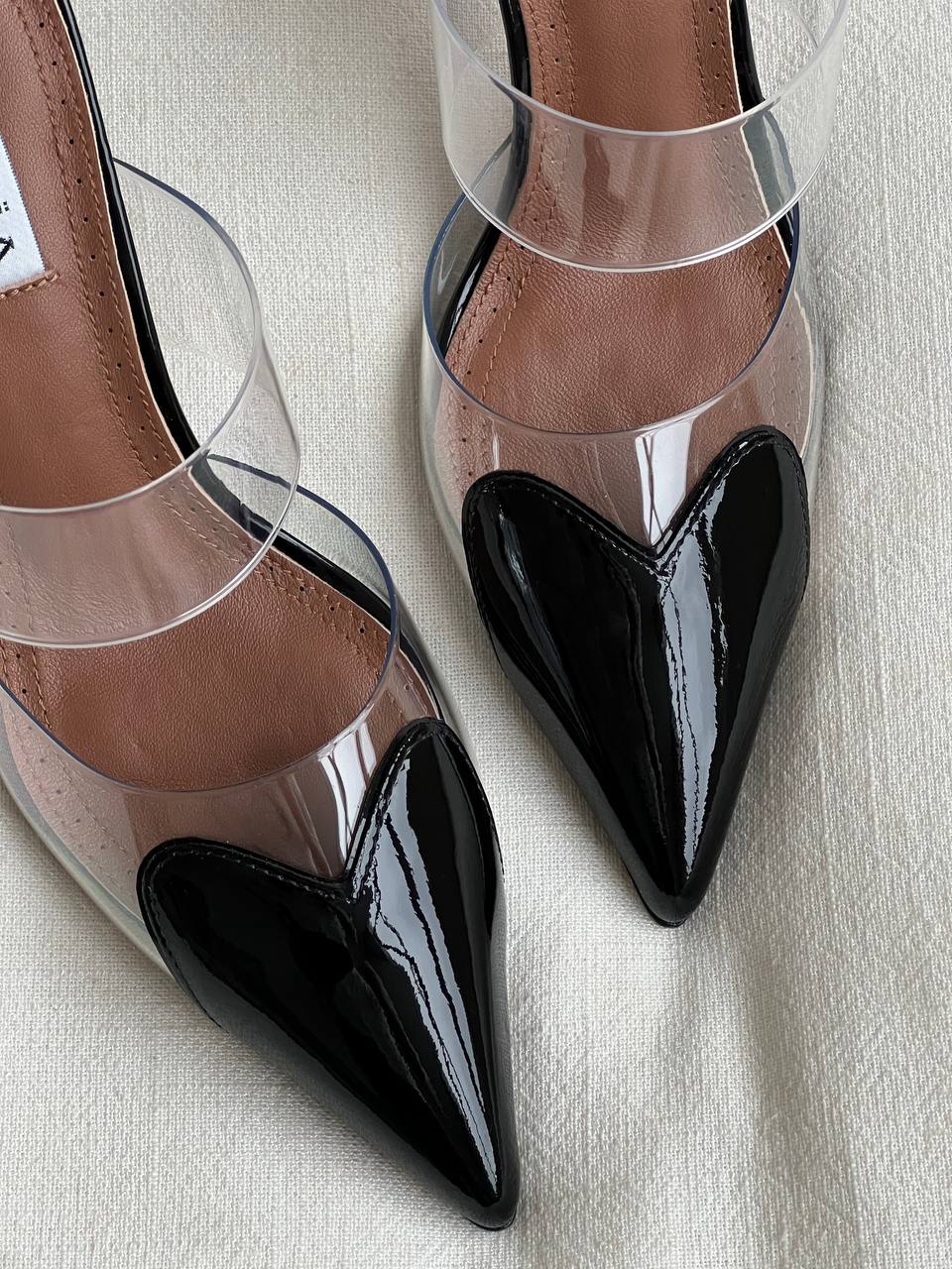 Alaïa Black Patent Leather Clear PVC Double Strap Pointed Toe High Heel Mule Sandals