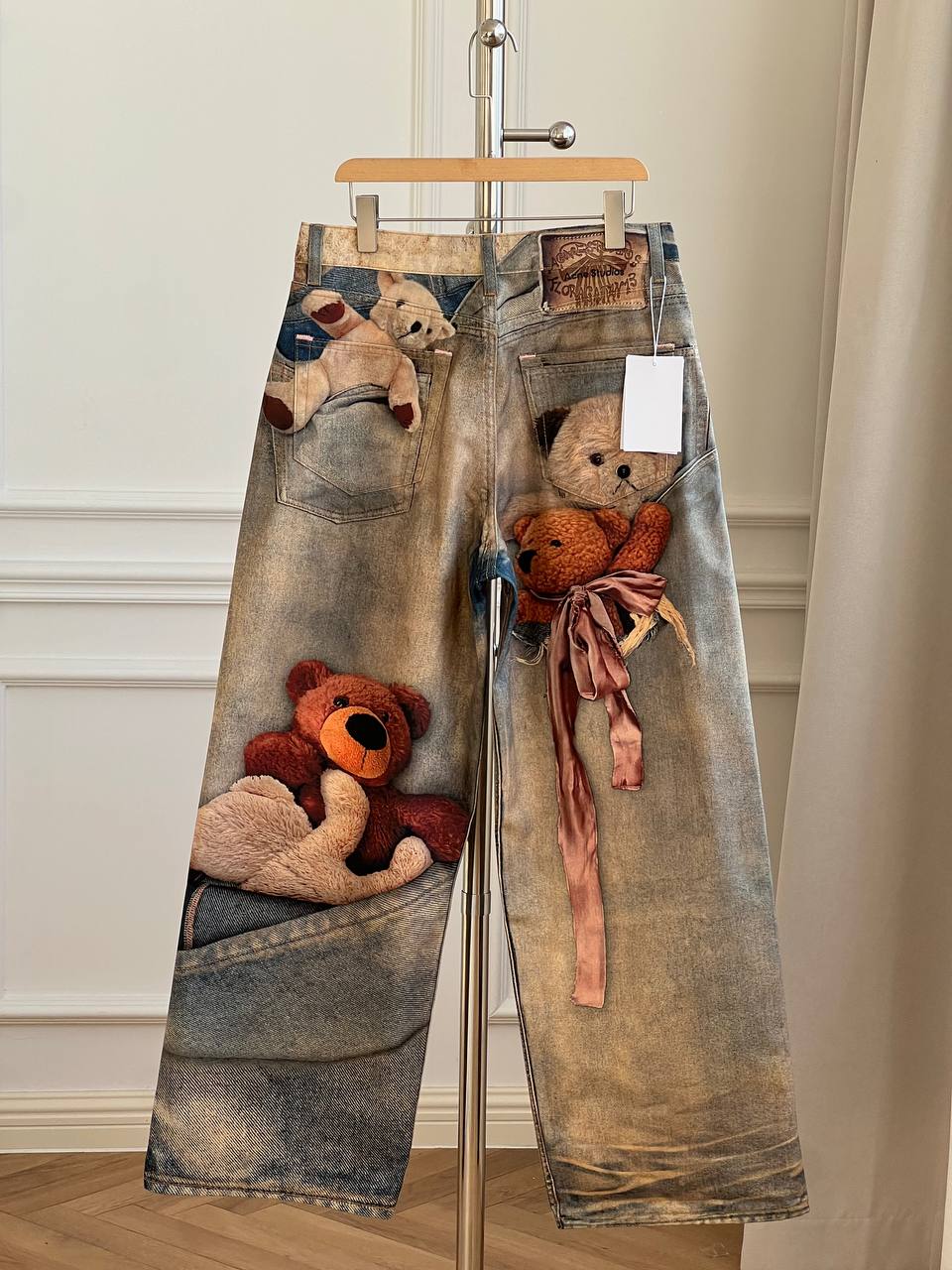 Acne Studios Teddy Bear Trompe-l'oeil Print Wide-Leg Denim Jeans