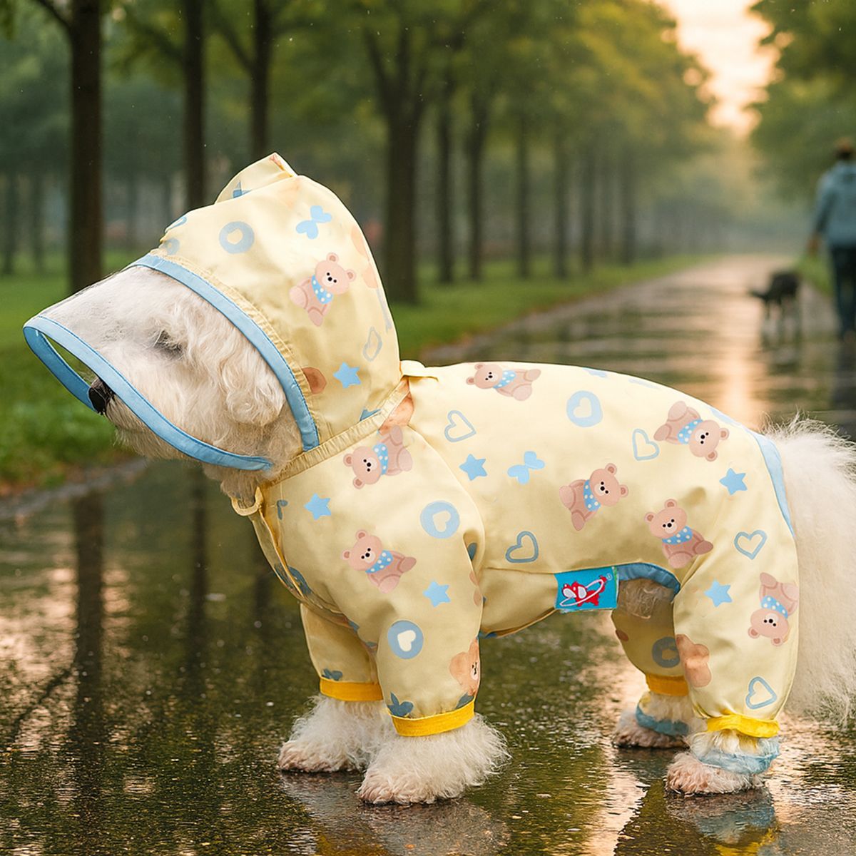 Cute Bear Print Dog Raincoat Transparent Hood Waterproof Four Legged Jumpsuit for Small Dogs - MAISONKAIRON
