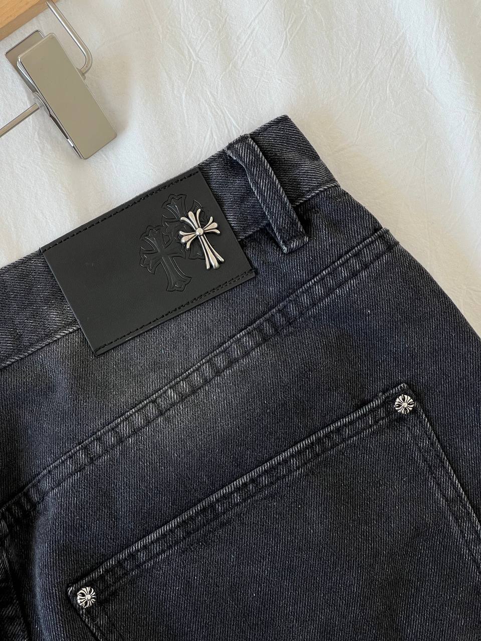 Chrome Hearts Black Washed Denim Jeans with Cross Patch Details
