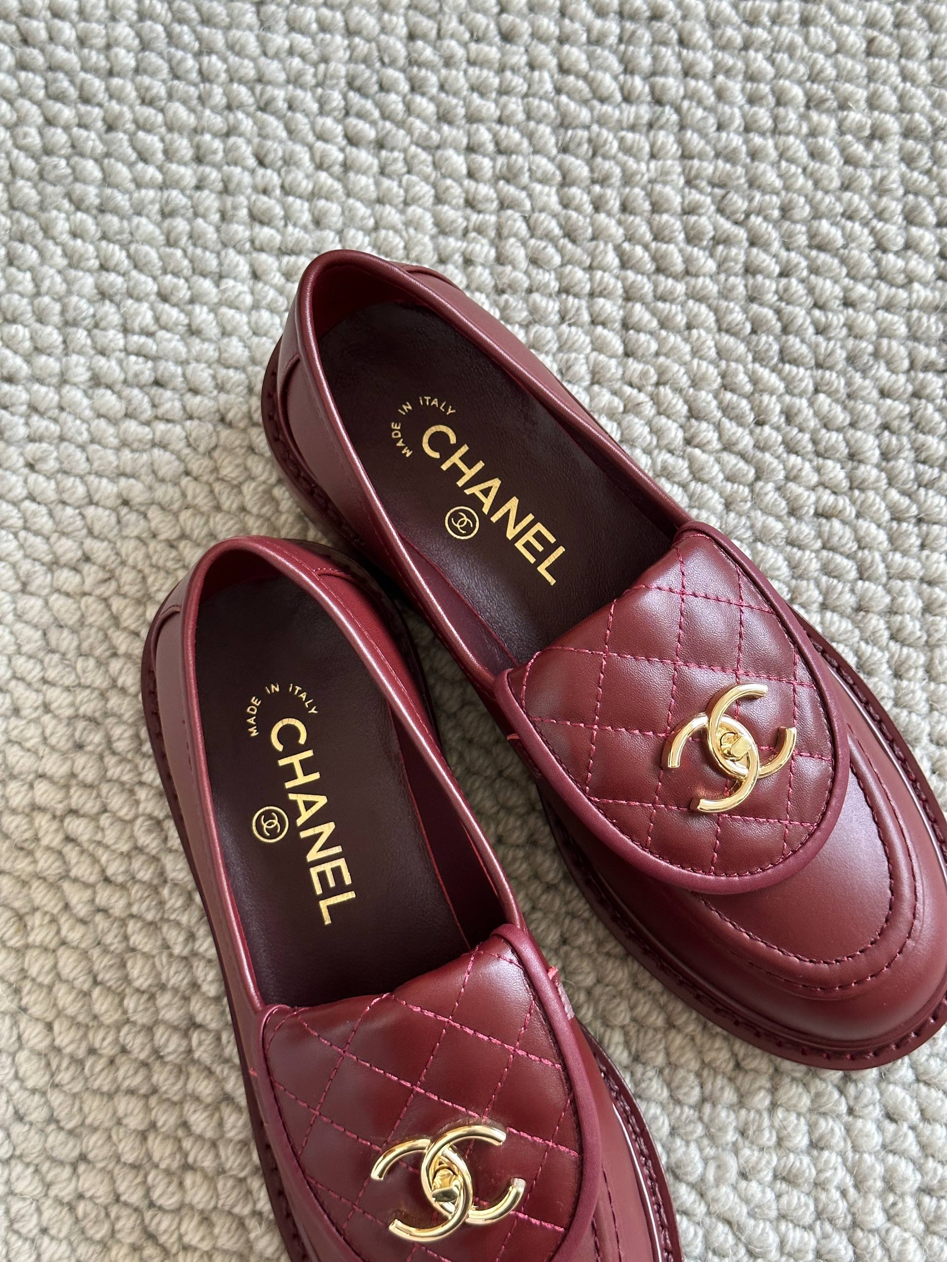Chanel Burgundy Lambskin Quilted Loafers Flat Shoes