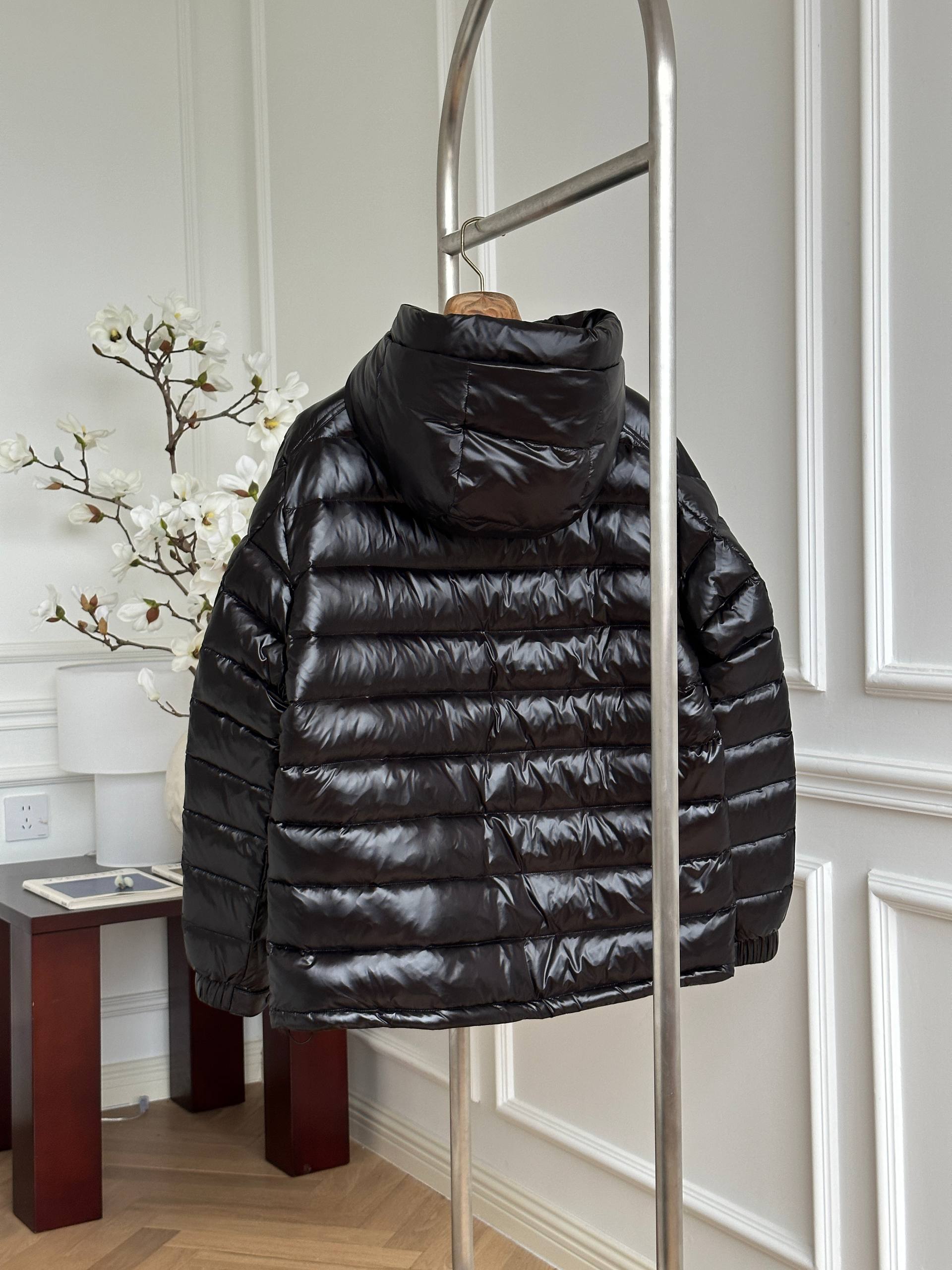 Moncler Black Shiny Quilted Hooded Light Down Jacket