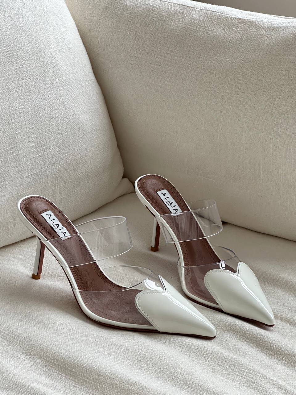 Alaïa Off-white Patent Leather Heart Toe Double Clear PVC Strap Stiletto Mule Sandals