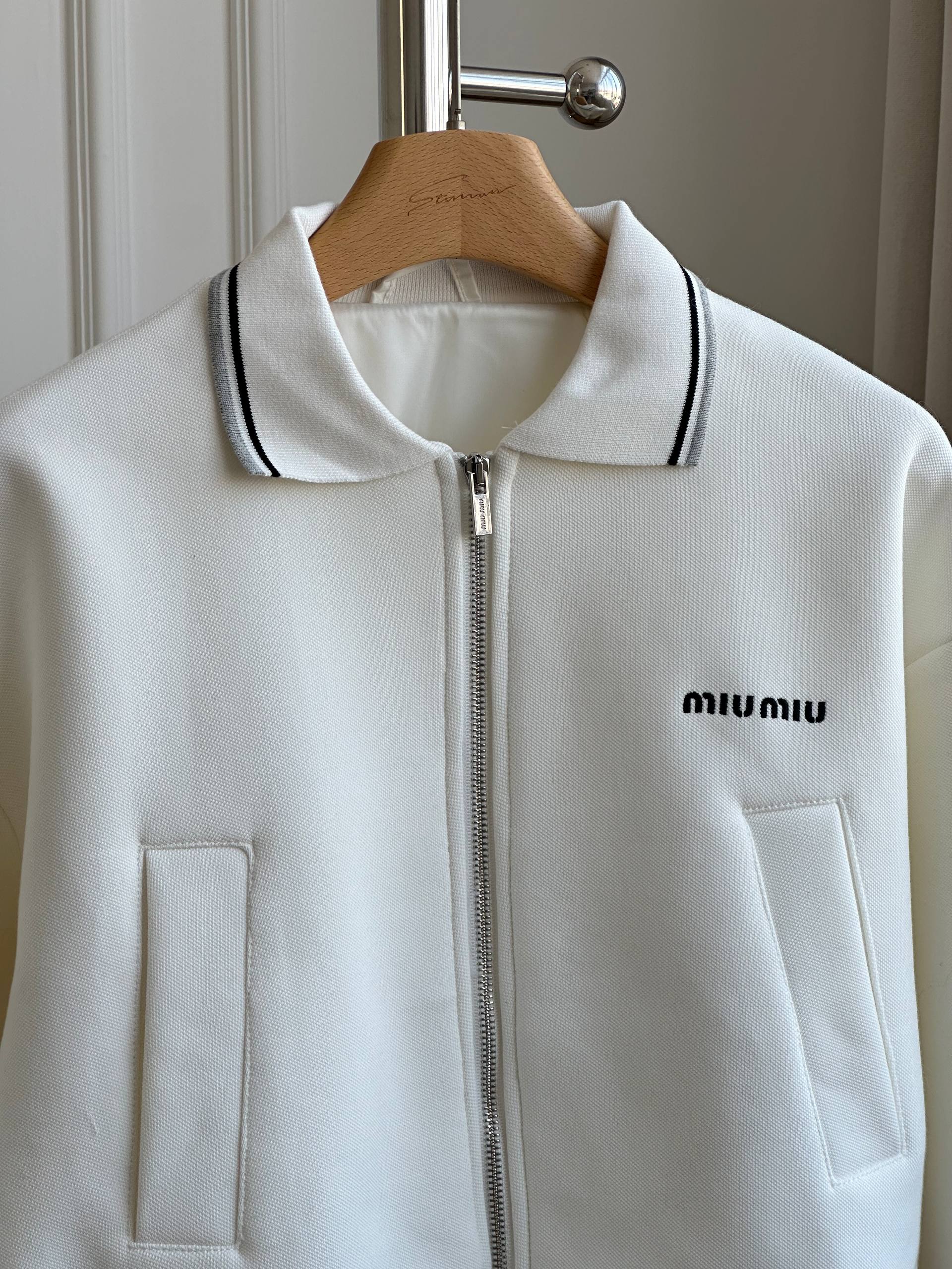 Miu Miu Cropped Piqué Bomber Jacket with Logo Embroidery