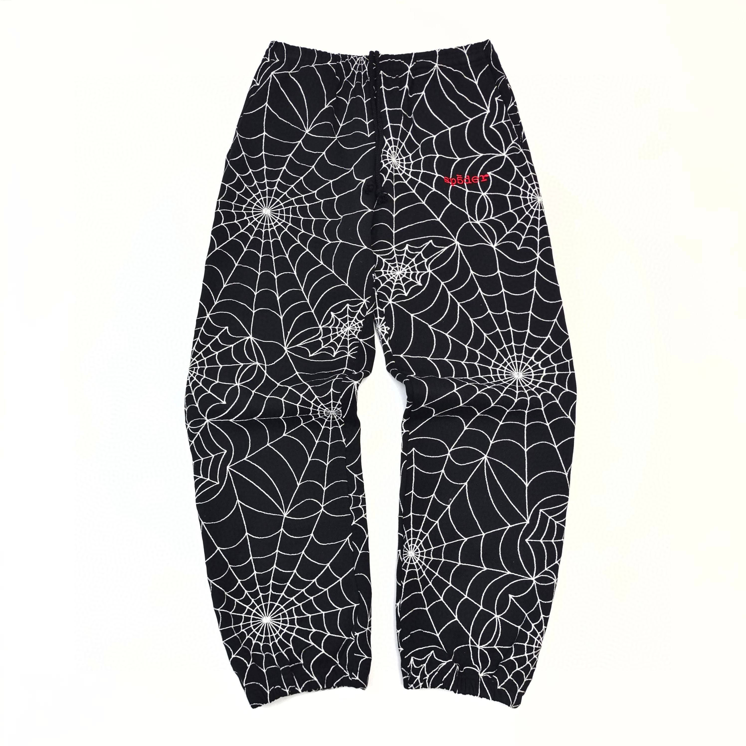 1:1 Best Quality Sp5der Full embroidery Spider webs Pants Black