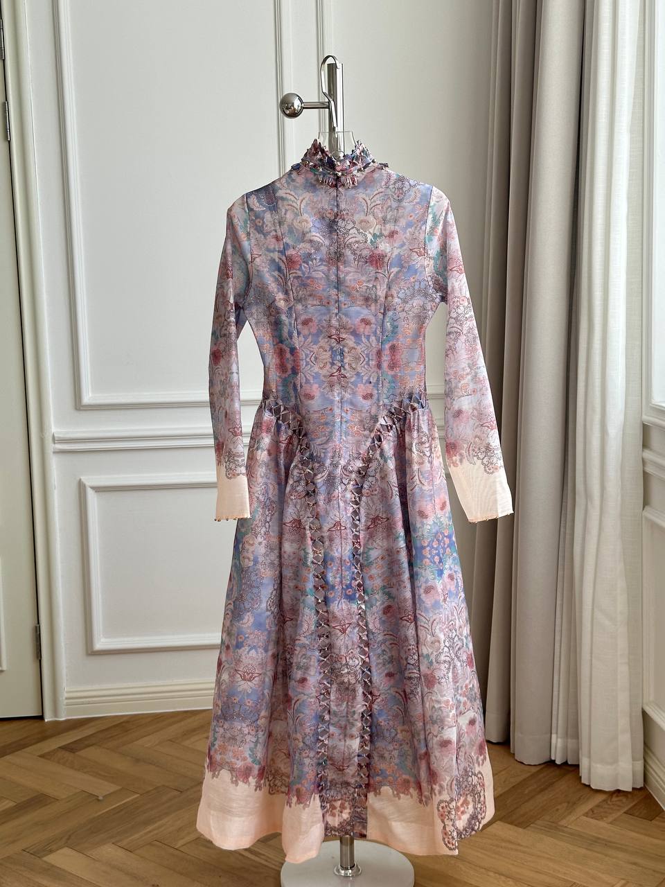 Pink-Purple Gradient Floral Print Ruffle High Neck Cutout Lace-Up Long Sleeve Maxi Dress