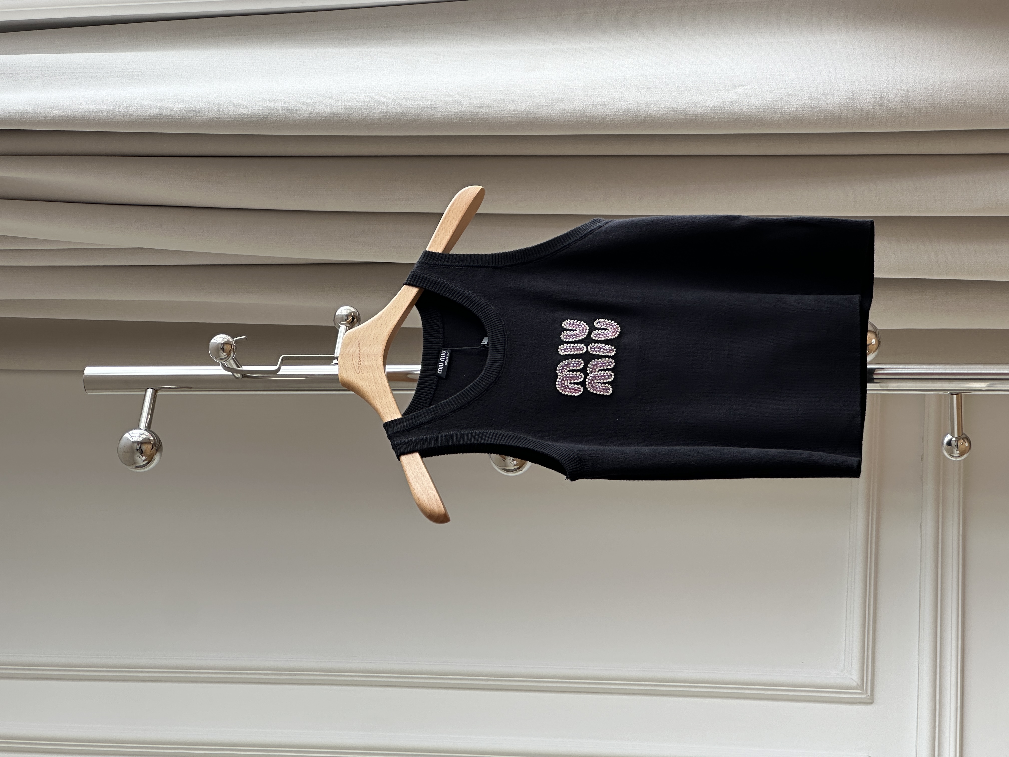 Miu Miu Black Pink Rhinestone Logo Rib Knit Tank Top