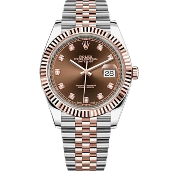 Rolex Oyster Perpetual Datejust 41 Watch, Chocolate set with diamonds, Fluted bezel, Two-tone【1:1 Replica】