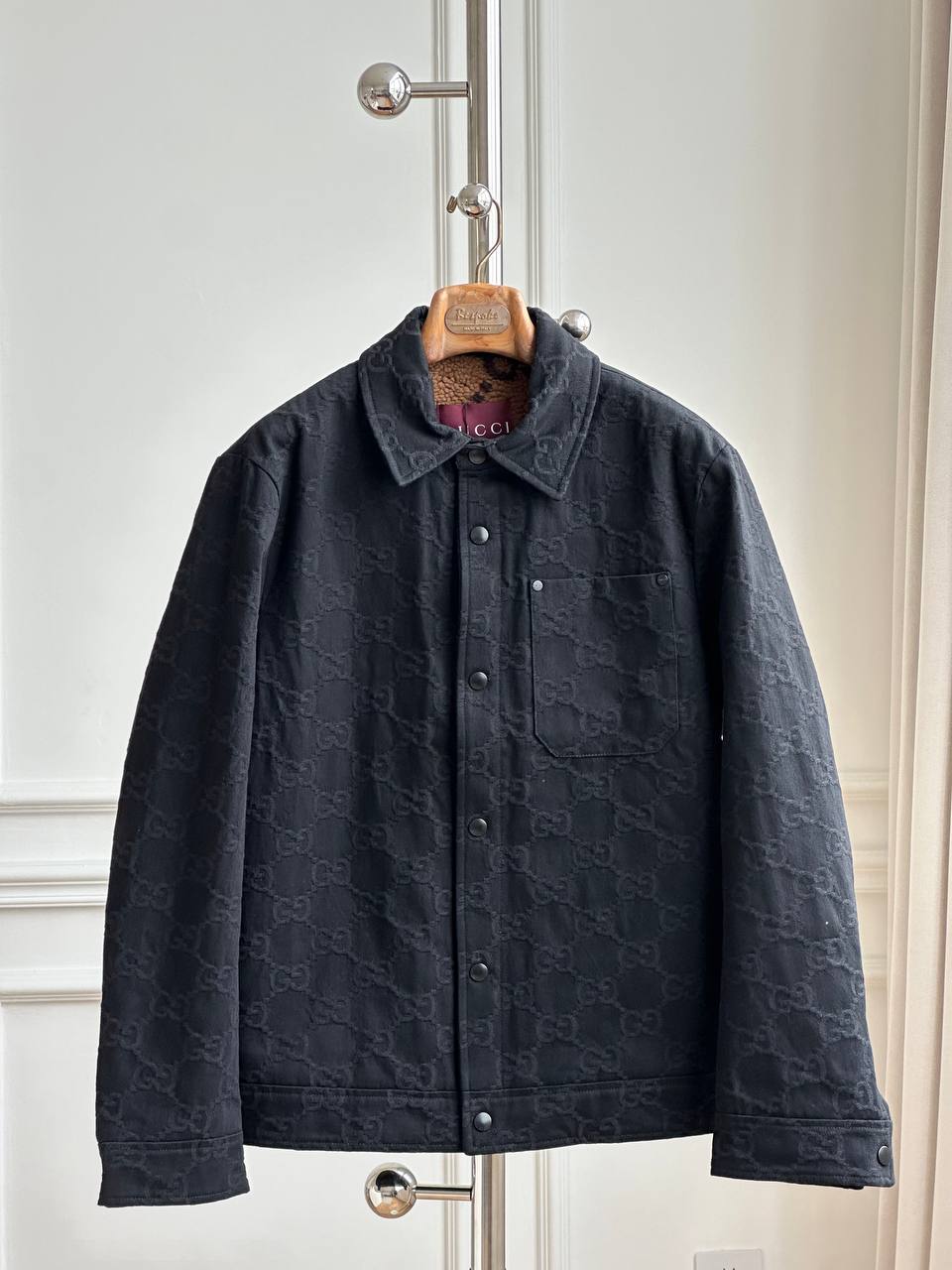 Gucci Black Allover Embossed GG Monogram Collared Button Work Jacket