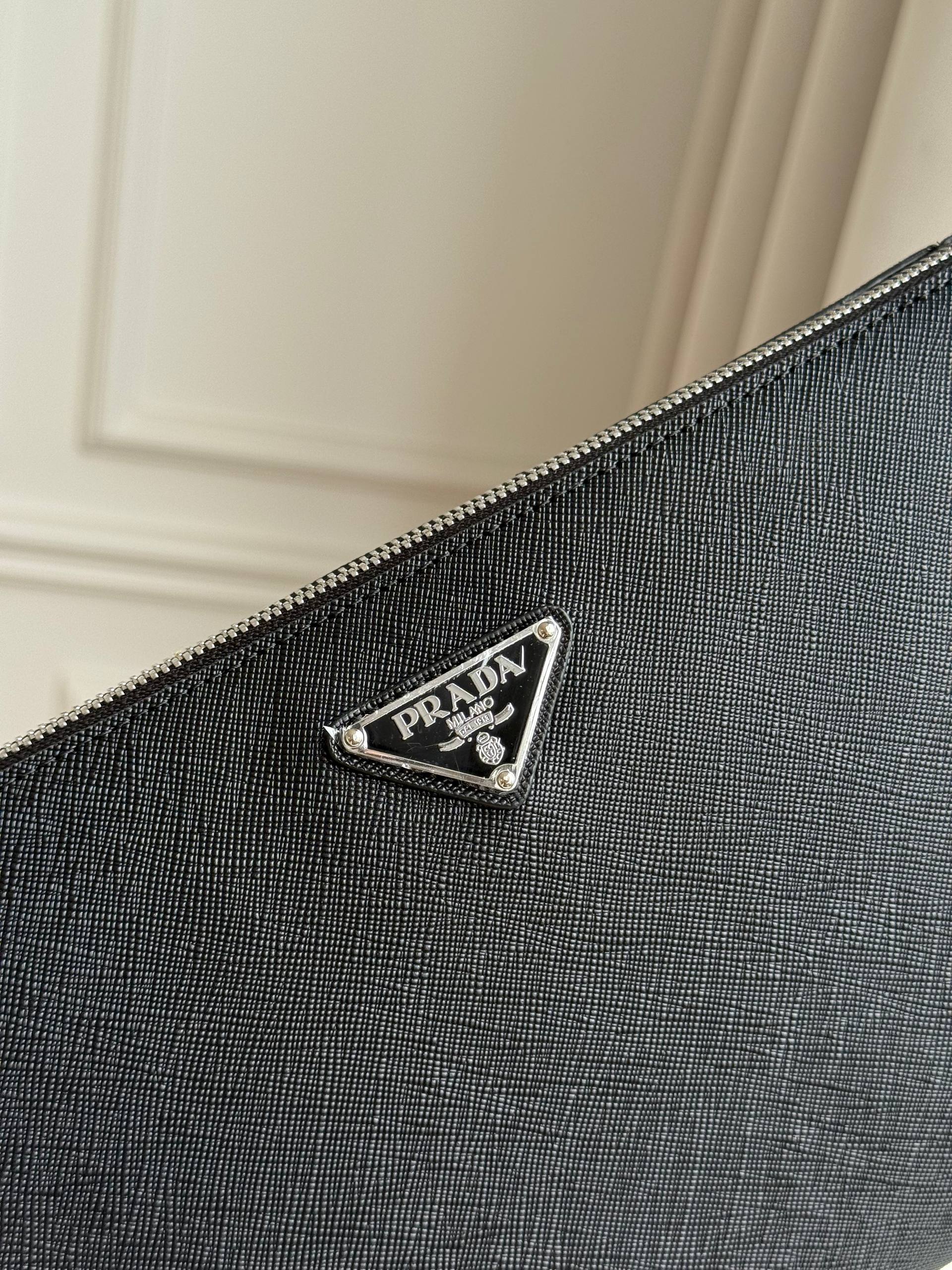 Prada Saffiano Leather Triangle Logo Zip Clutch Pouch
