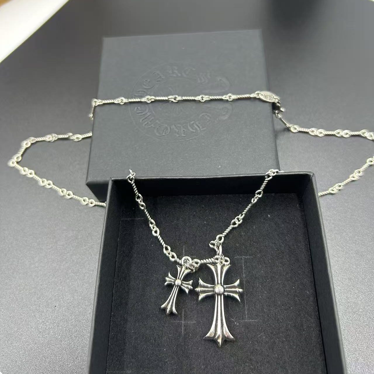 CHROME HEARTS PINK DIAMOND DOUBLE CROSS LAYERED NECKLACE