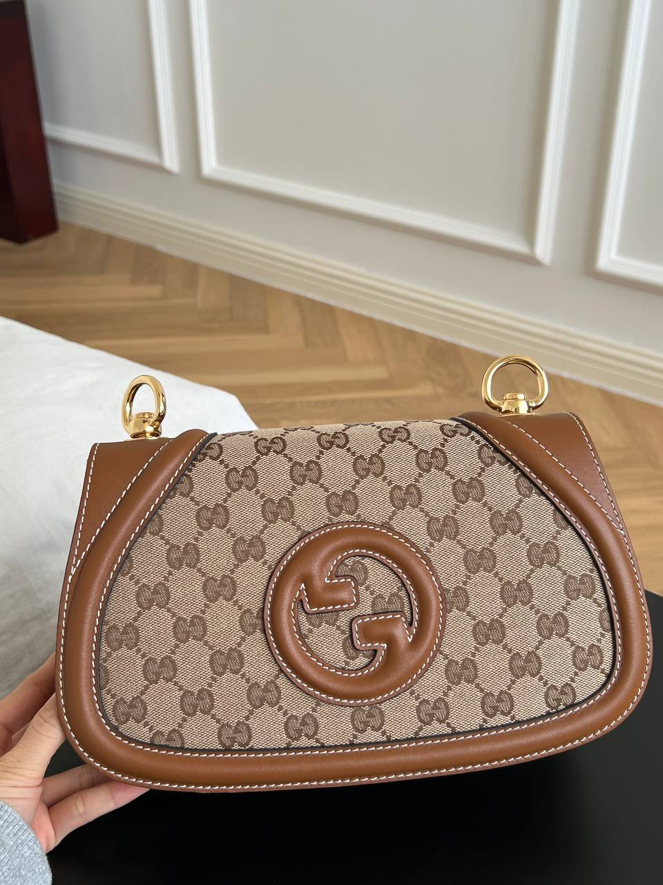 Gucci GG Monogram Canvas Brown Leather Trim Round G-logo Saddle Crossbody Bag