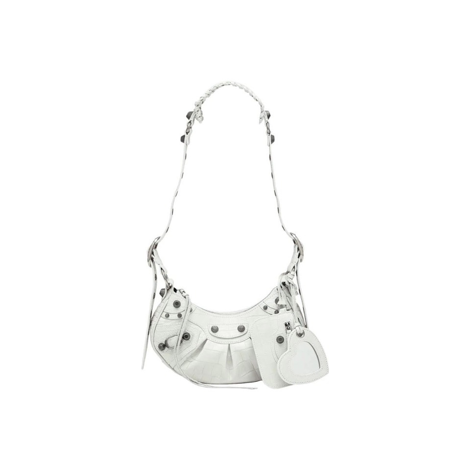 BALENCIAGA Le Cagole XS studded crinkled-leather shoulder bag White