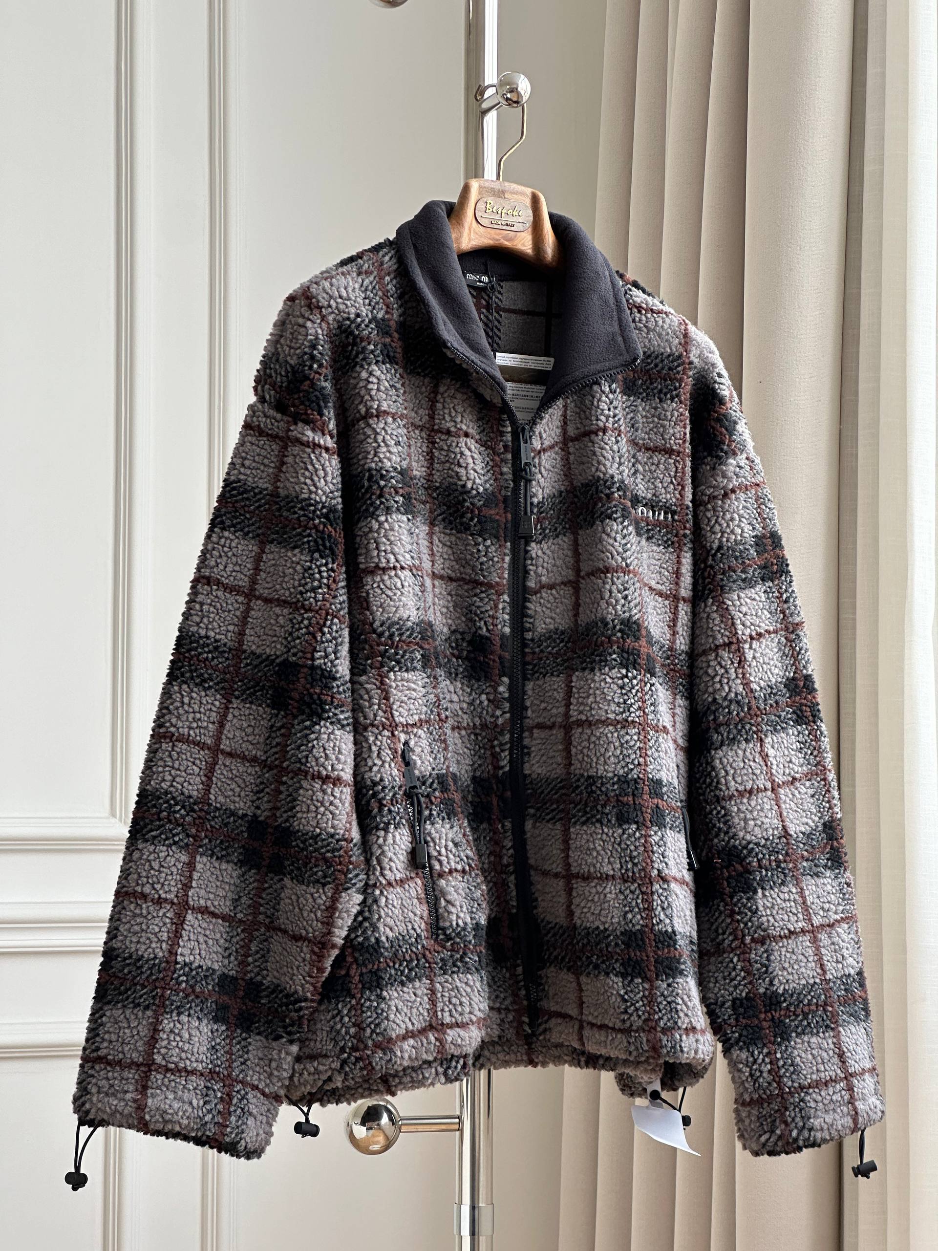 Miu Miu Plaid Fleece Stand Collar Zip-up Cropped Jacket