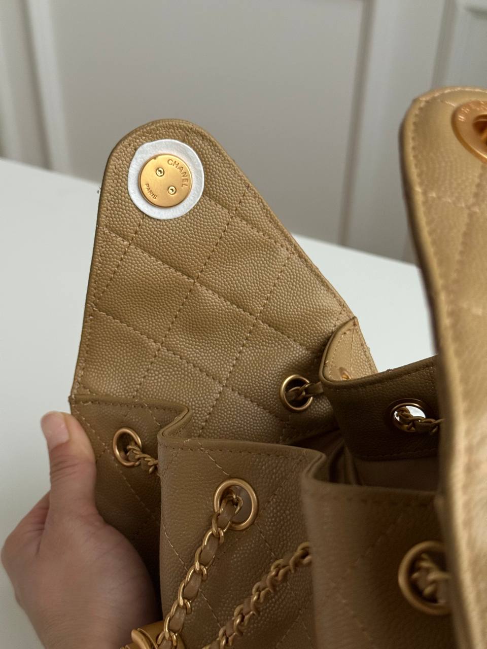 Chanel 25 Caramel Caviar Quilted Drawstring Bucket Bag