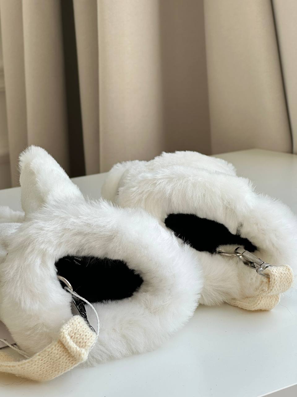 Chanel Off-white Faux Rabbit Fur Mittens With Black CC Embroidery & Neck Strap