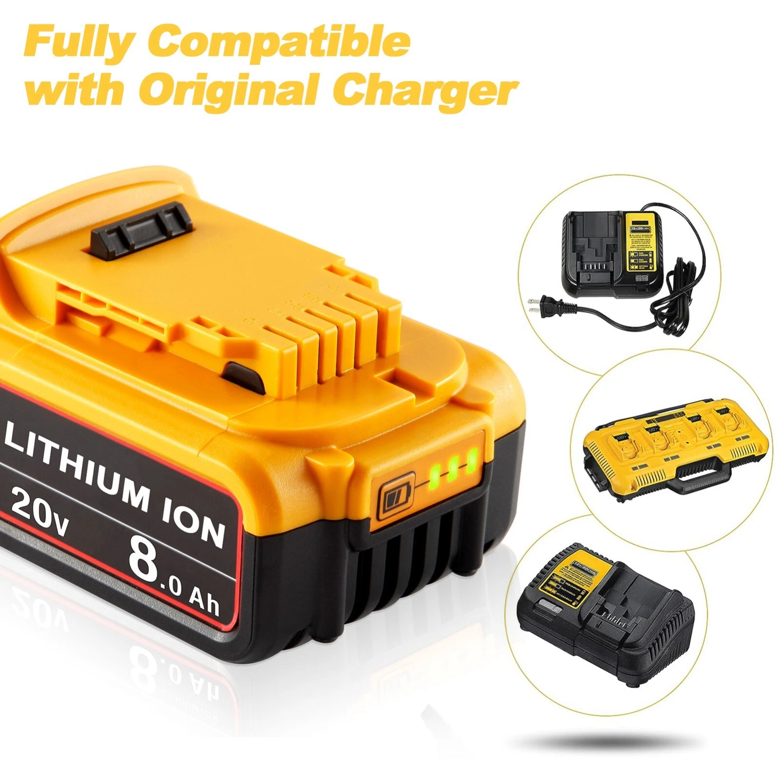 4 pieces suitable for DeWalt 20V 20V Max XR 8 AH lithium-ion battery pack DCB206-2 DCB205-2