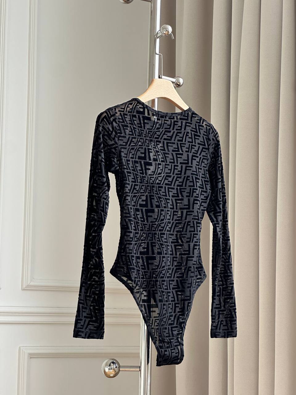 Fendi FF Logo Flocked Mesh Long-Sleeve Bodysuit