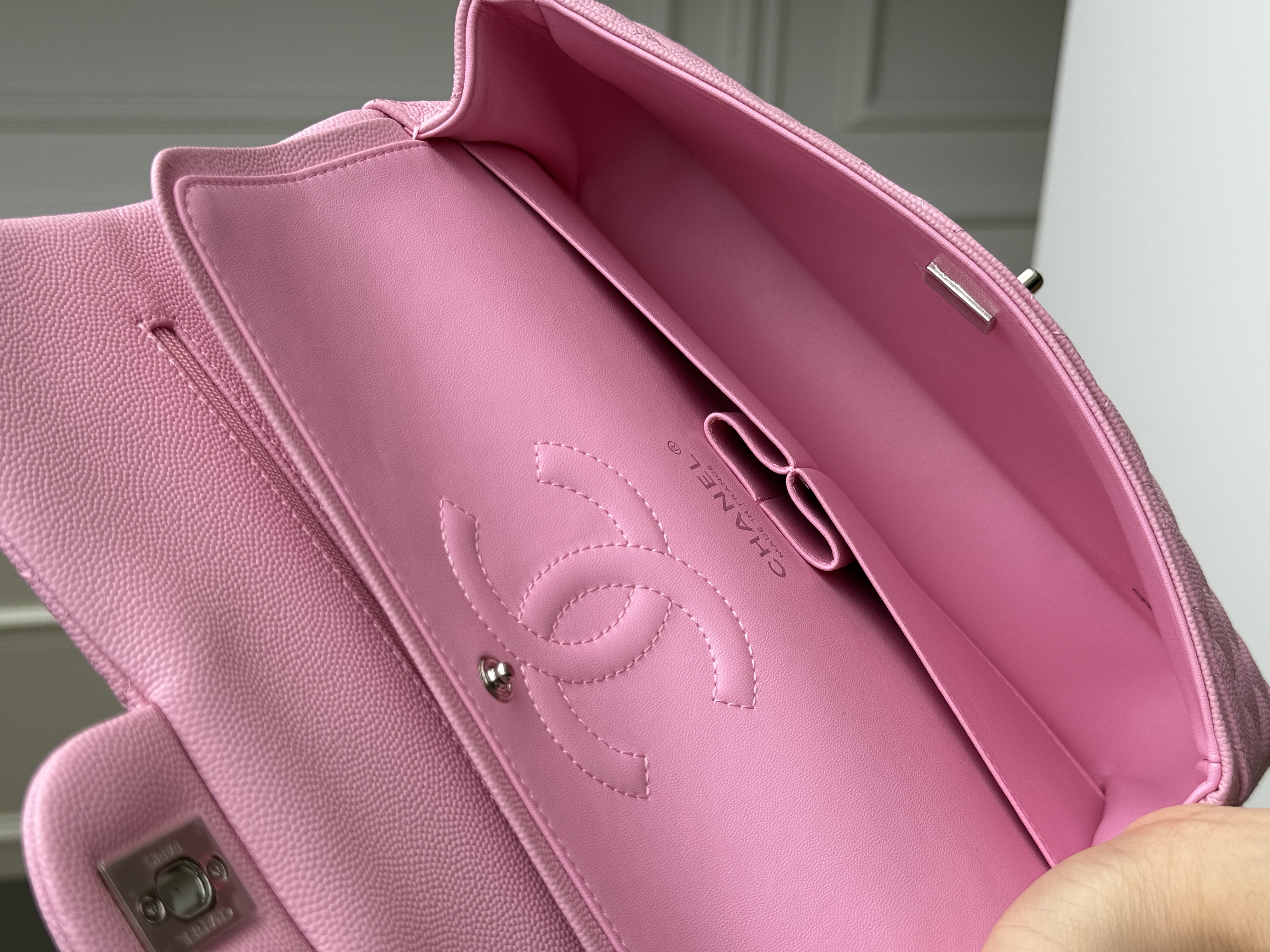 Chanel Sakura Pink Caviar Leather Medium Classic Flap Silver CC Chain Bag