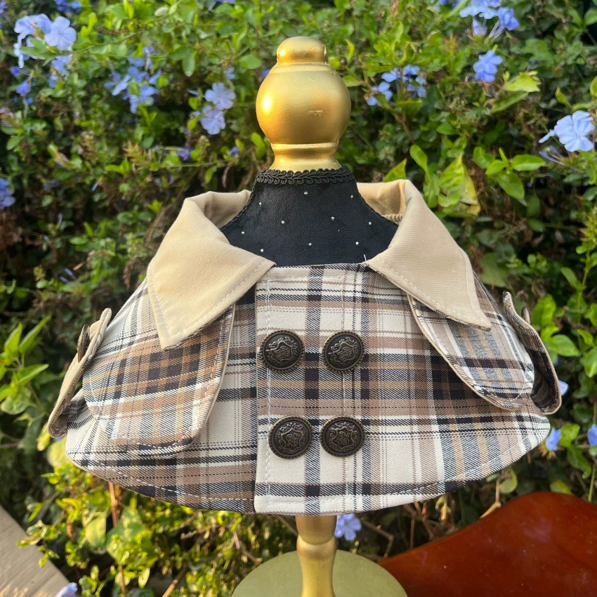 Vintage Plaid Dog Cape Coat British Style Lapel Double Breasted Pet Cloak with Button Decor - MAISONKAIRON