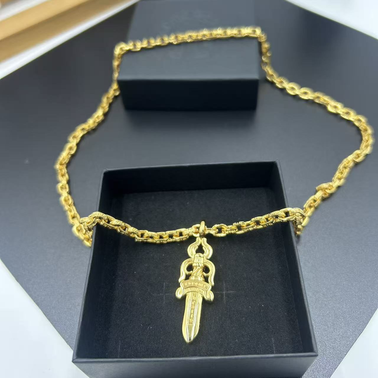CHROME HEARTS 22K GOLD SWORD PENDANT NECKLACE WITH FULL DIAMOND EMBELLISHMENT