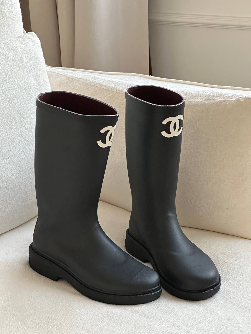Chanel Black White CC Logo Block Heel Tall Waterproof Rain Boots