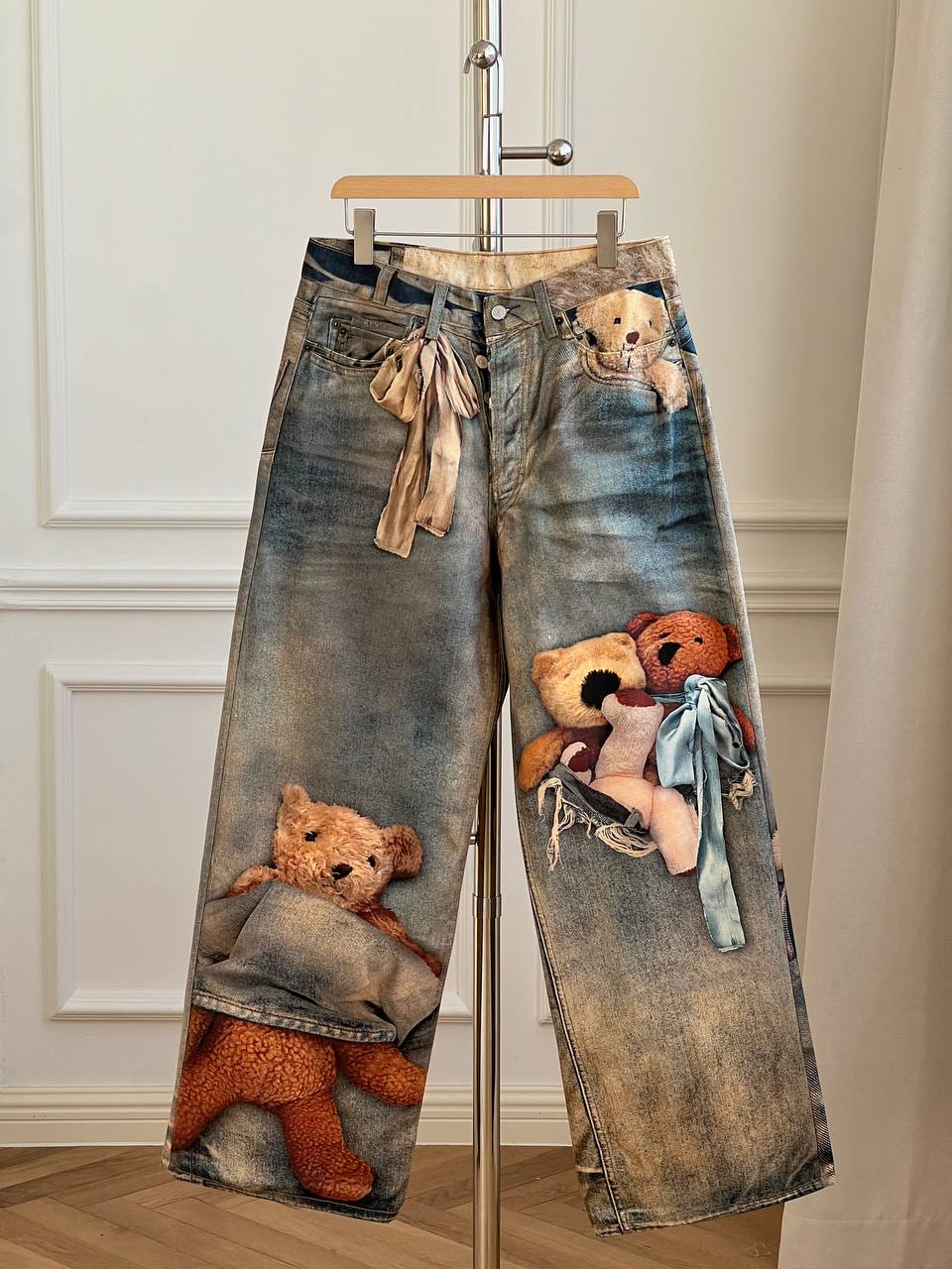 Acne Studios Teddy Bear Trompe-l'oeil Print Wide-Leg Denim Jeans