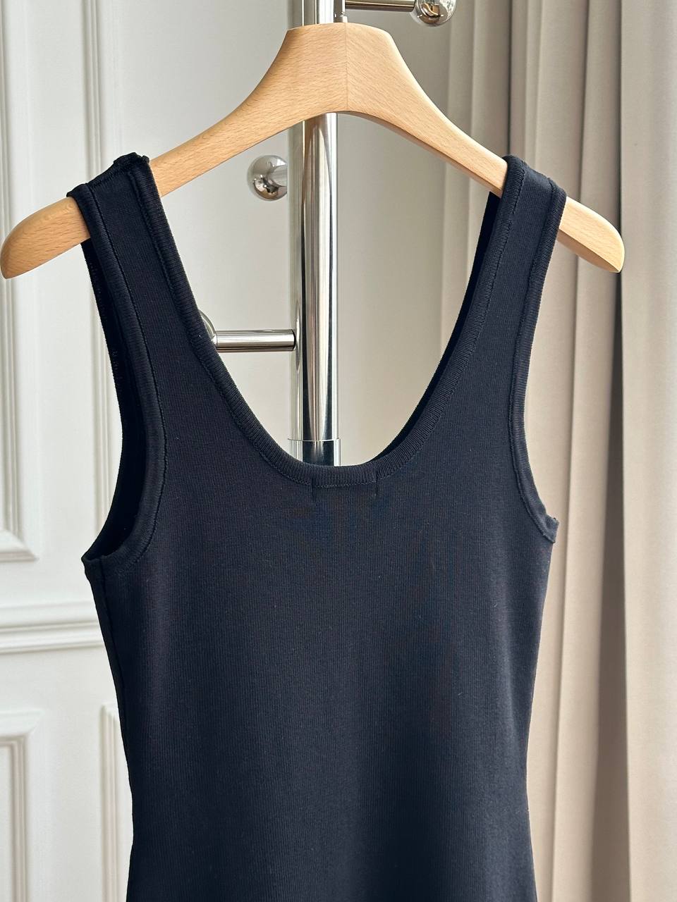 Chanel Black Stretch Knit U-Neck Wide Strap Midi Dress With White Interlocking CC Embroidery Logo