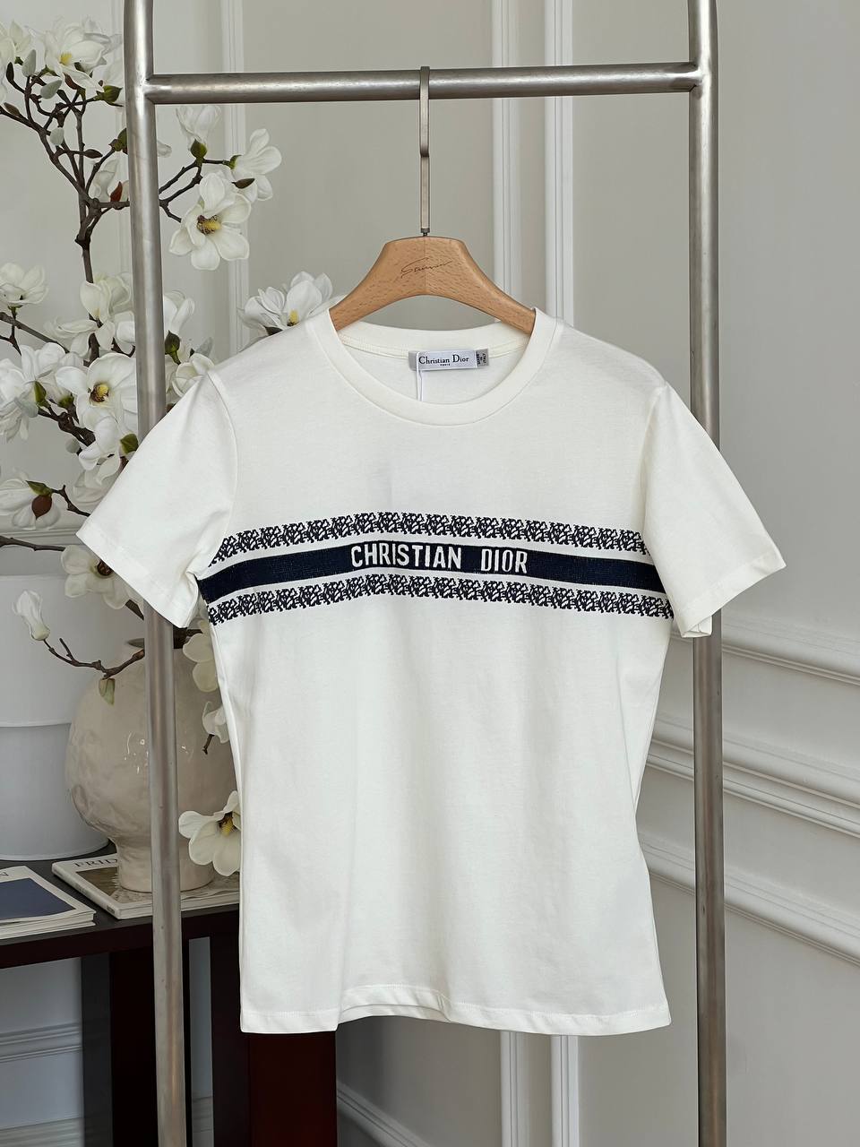 Christian Dior White Cotton Crewneck T-shirt With Oblique Jacquard Stripe Logo