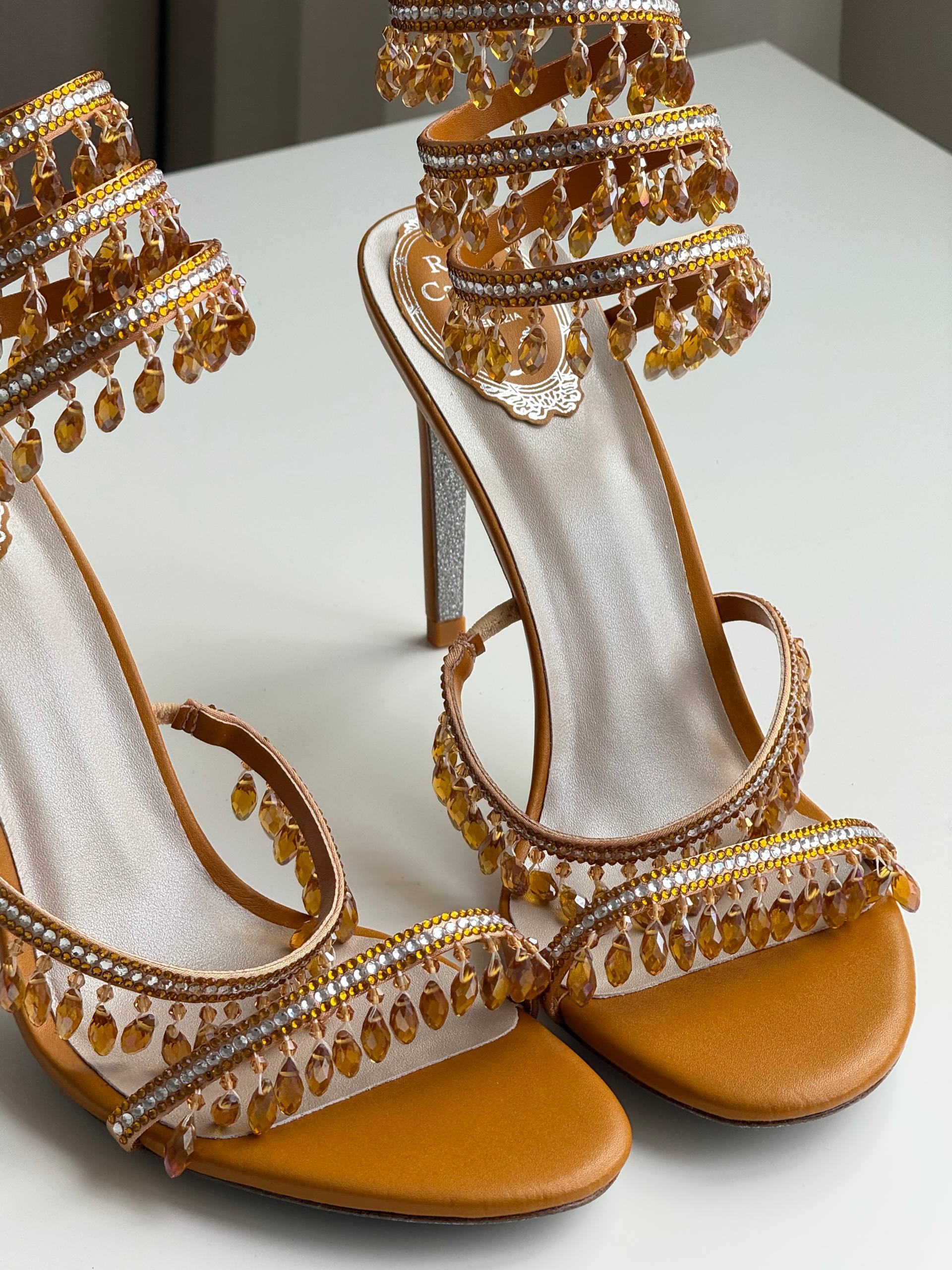 Rene Caovilla Champagne Crystal Ankle Wrap Fringe High Heel Sandals