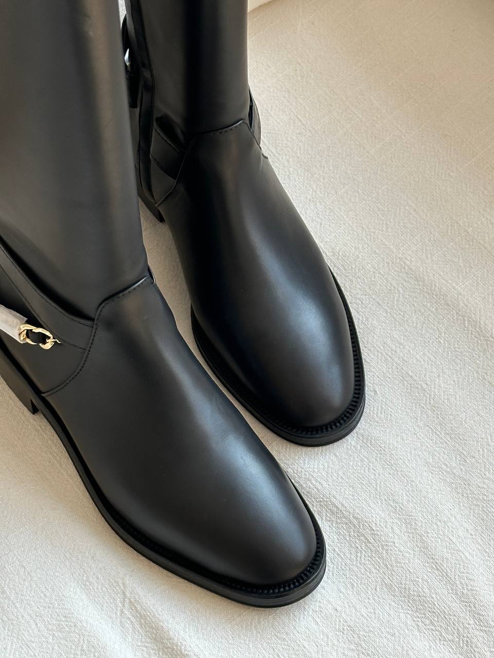 Black Smooth Leather Metal Buckle Side Zip Low Heel Knee-High Riding Boots