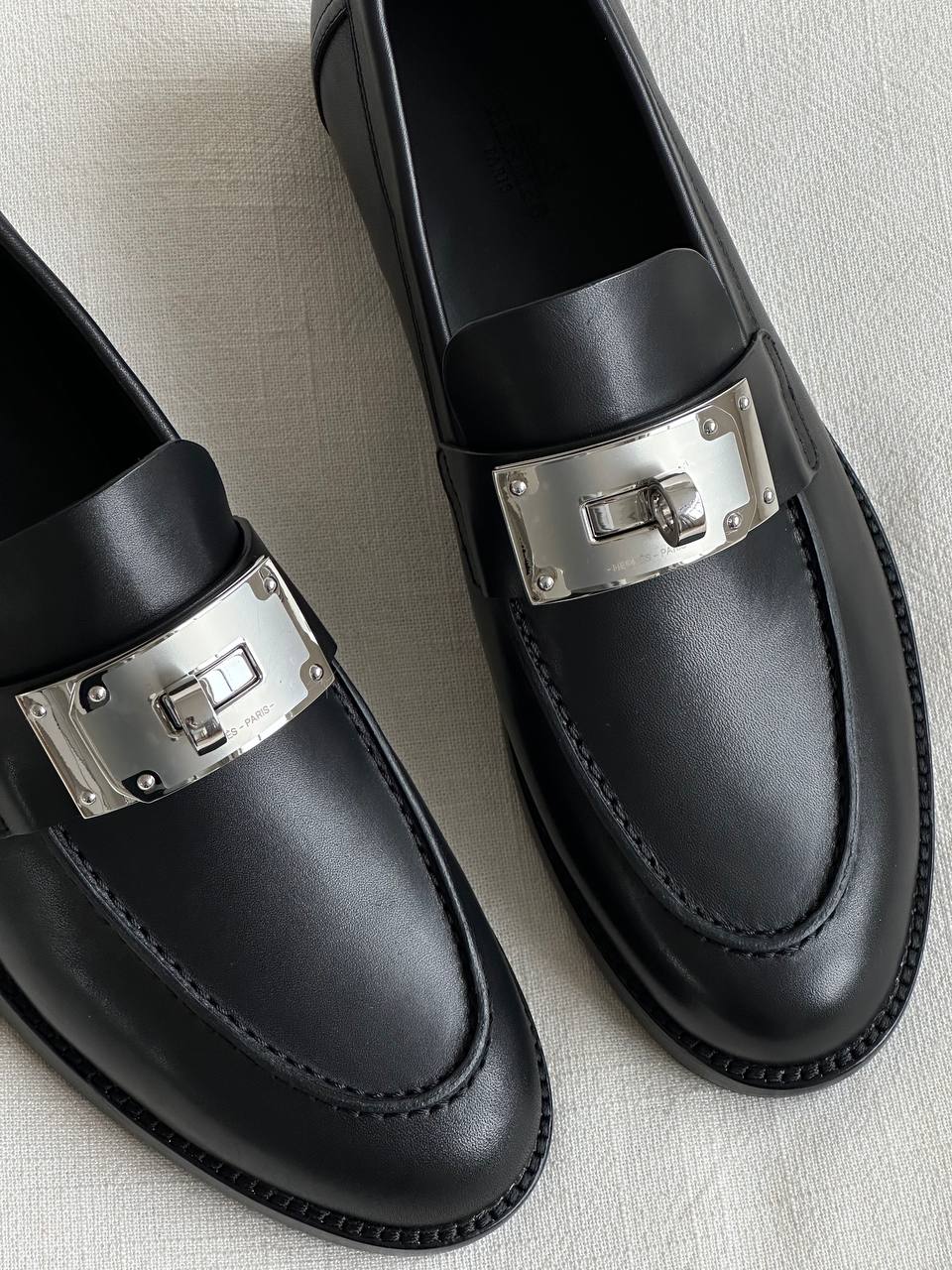 Hermès Black Calfskin Kelly Silver Buckle Loafers