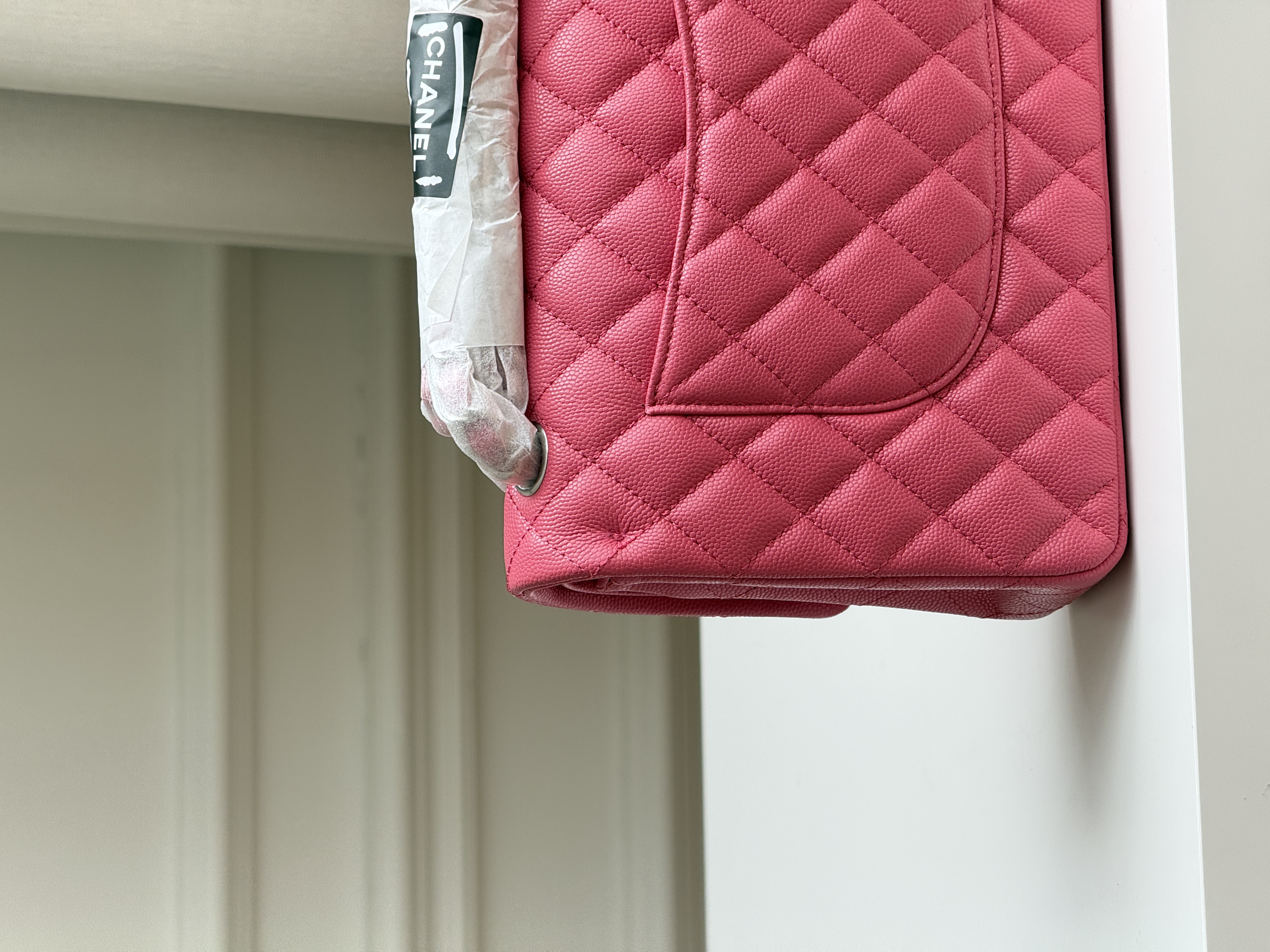 Chanel Medium Classic Flap Hot Pink Caviar Leather Diamond Quilt Silver Turn-Lock CC Chain Crossbody Bag