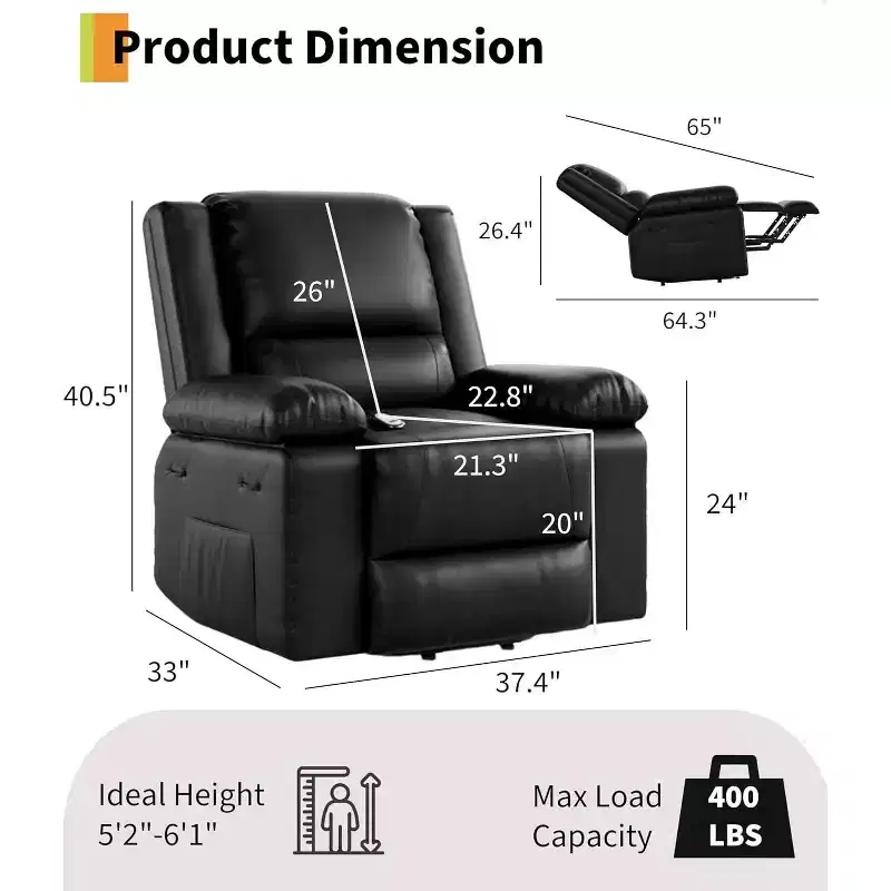 Fauteuil inclinable en similicuir - Chaleur et massage, Releveur inclinable pour personnes âgées et à mobilité réduite, Dossier et pieds réglables, Fauteuil releveur robuste