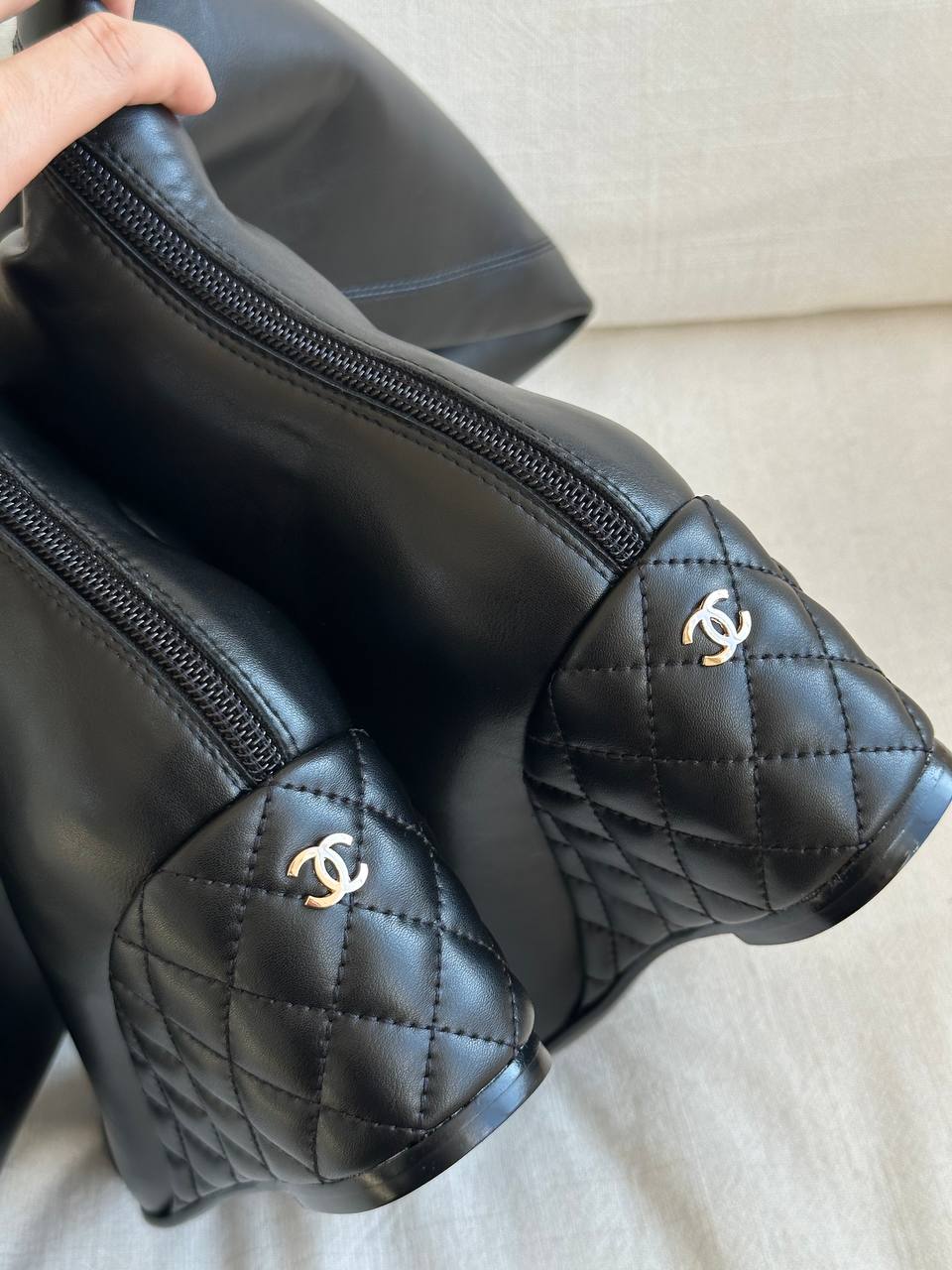 Chanel Black Smooth Lambskin Quilted Wedge Heel Knee-High Boots