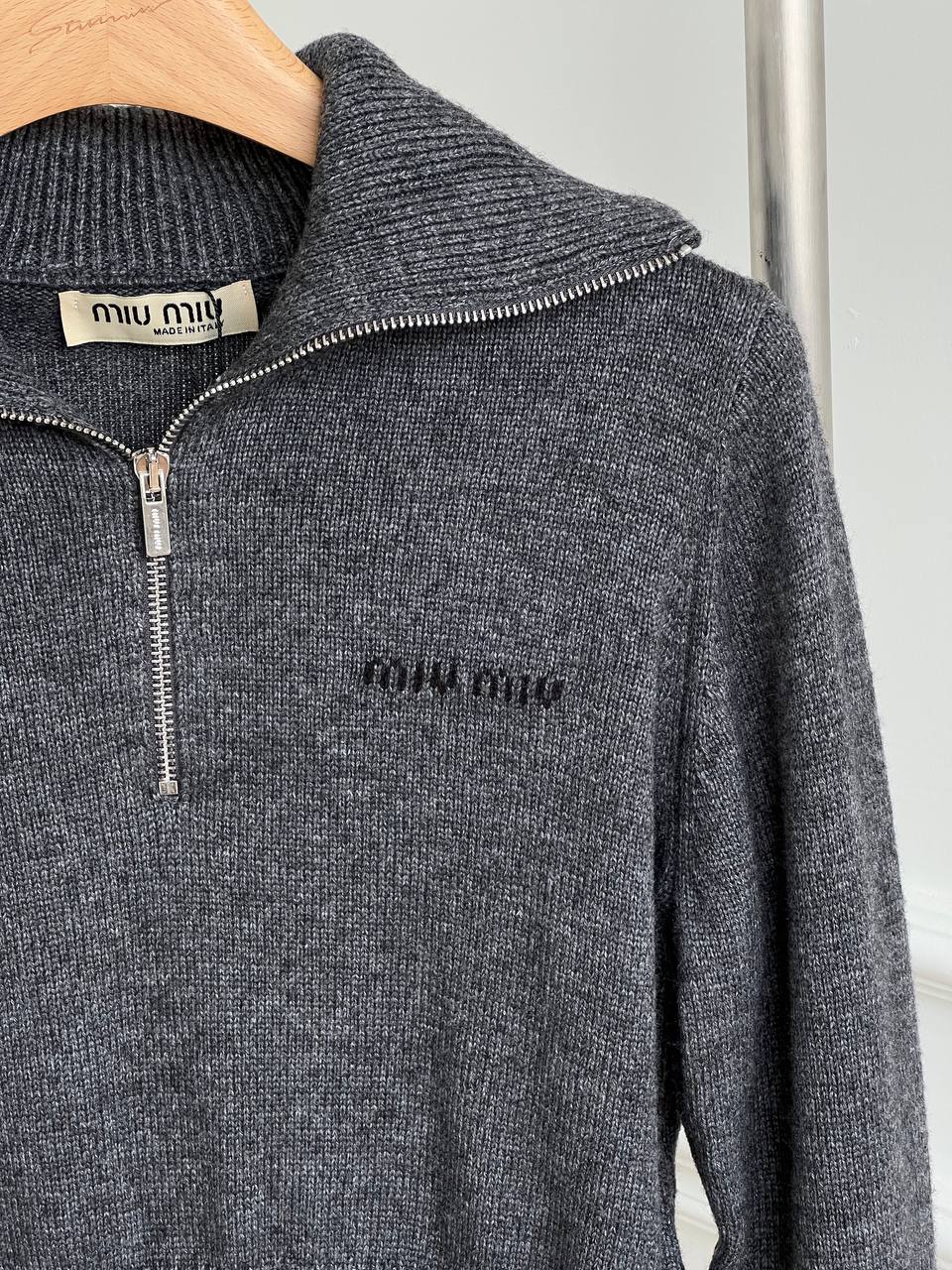 Miu Miu Dark Grey Half Zip Collar Cropped Knit Sweater