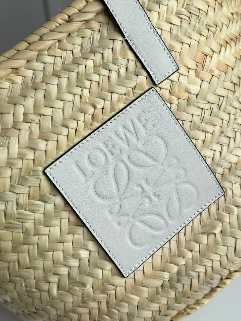 LOEWE Natural Palm Leaf & Off-White Leather Anagram Embossed Basket Tote Bag