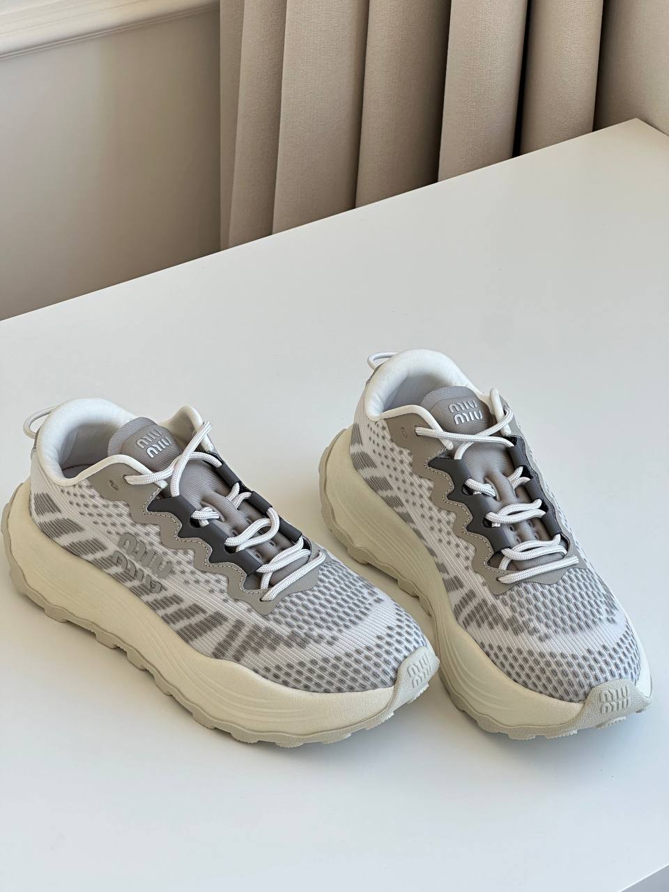 Miu Miu Grey & White Gradient Knit Mesh Wave Panel Platform Chunky Sneakers