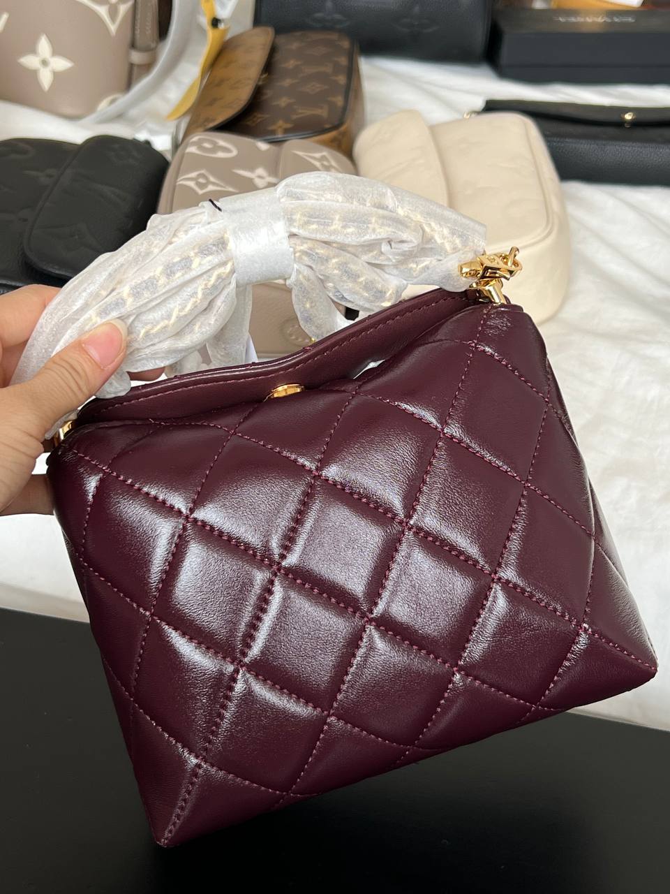 Chanel Burgundy Shiny Wax Leather Quilted Hobo Bag With Braided Chain Handle & Gold CC Logo