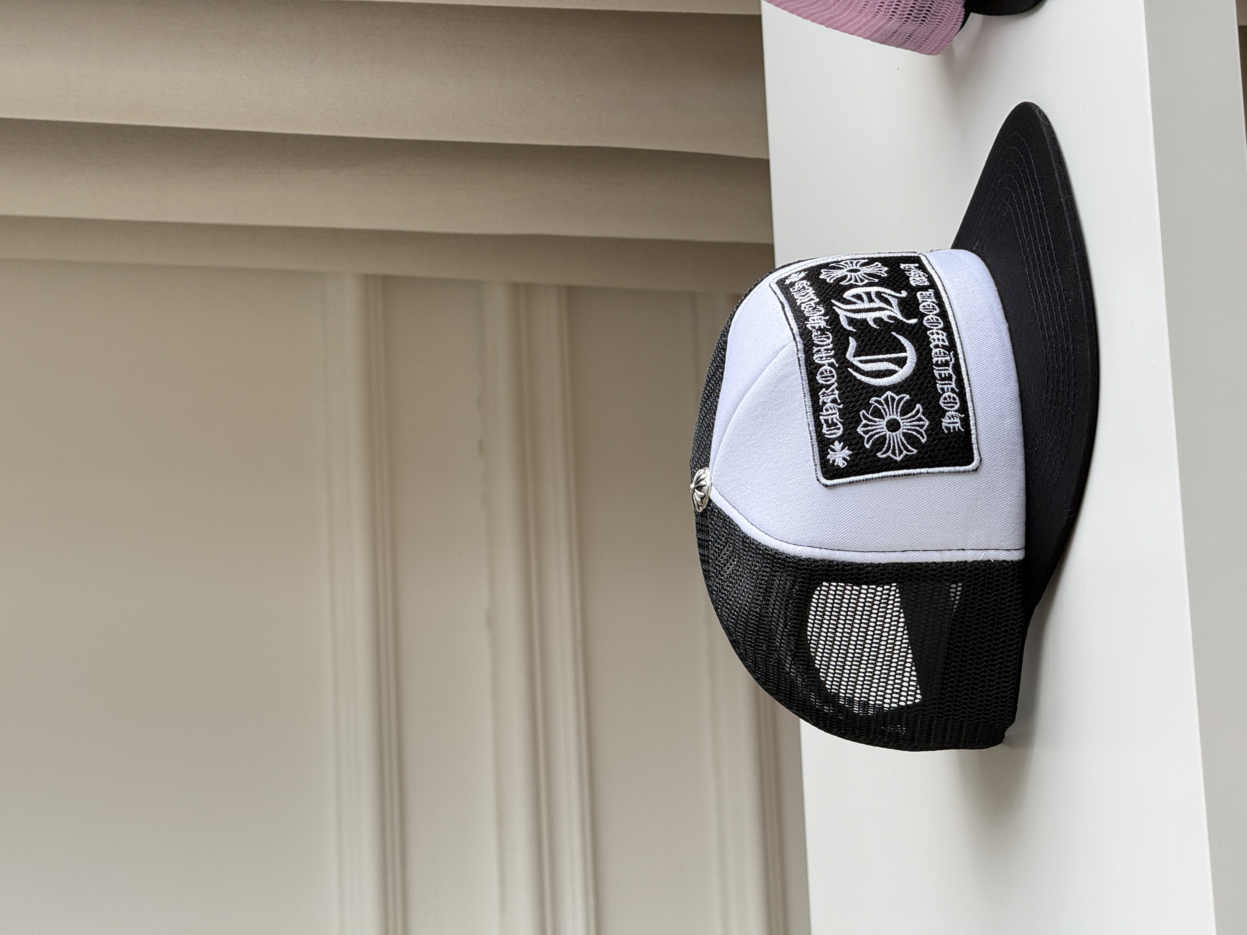 Chrome Hearts Black & Pink Contrast Cross Embroidered Flat Brim Mesh Trucker Cap