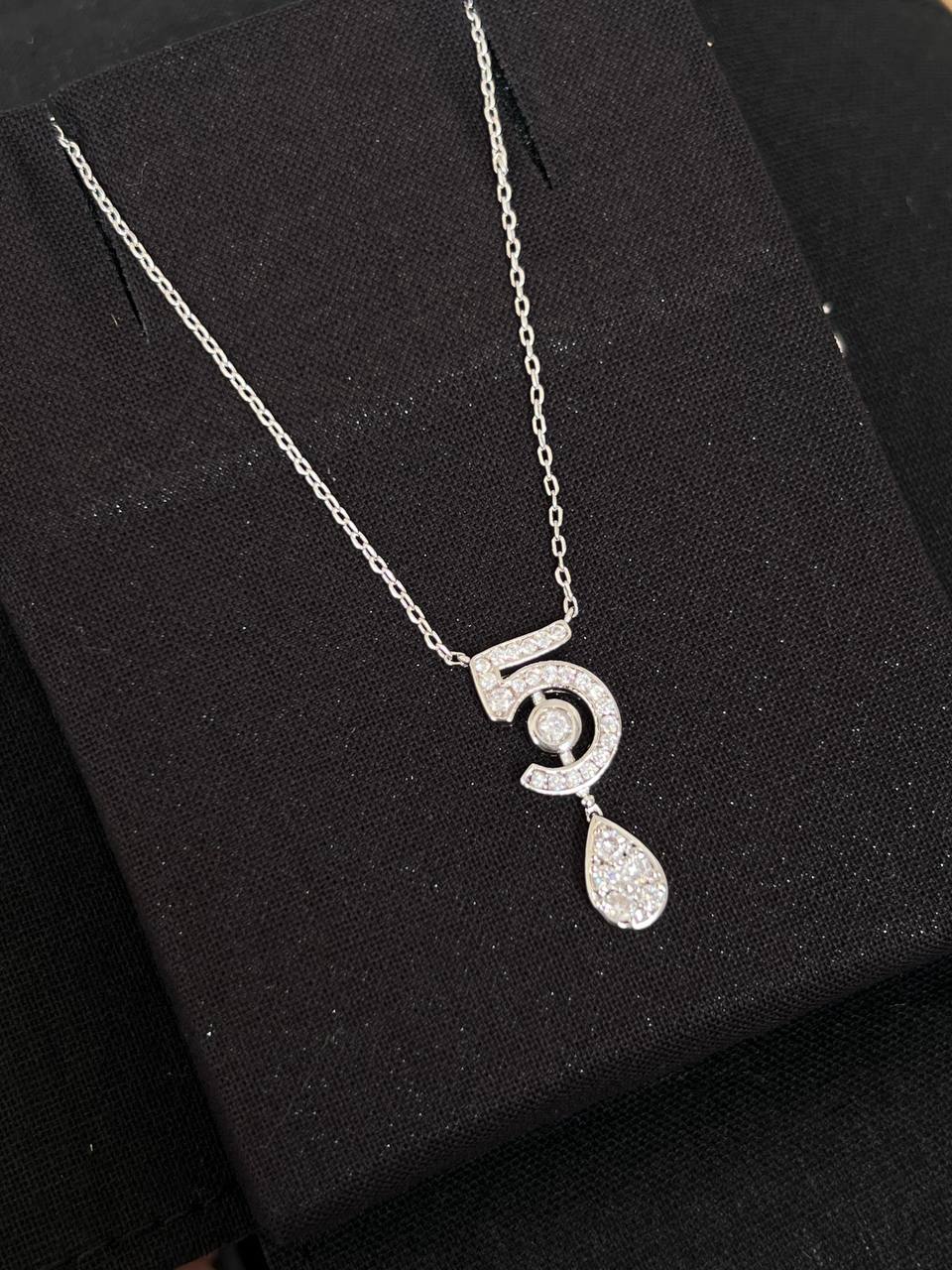 Chanel Silver Metal Full Crystal No.5 Teardrop Pendant Thin Chain Necklace