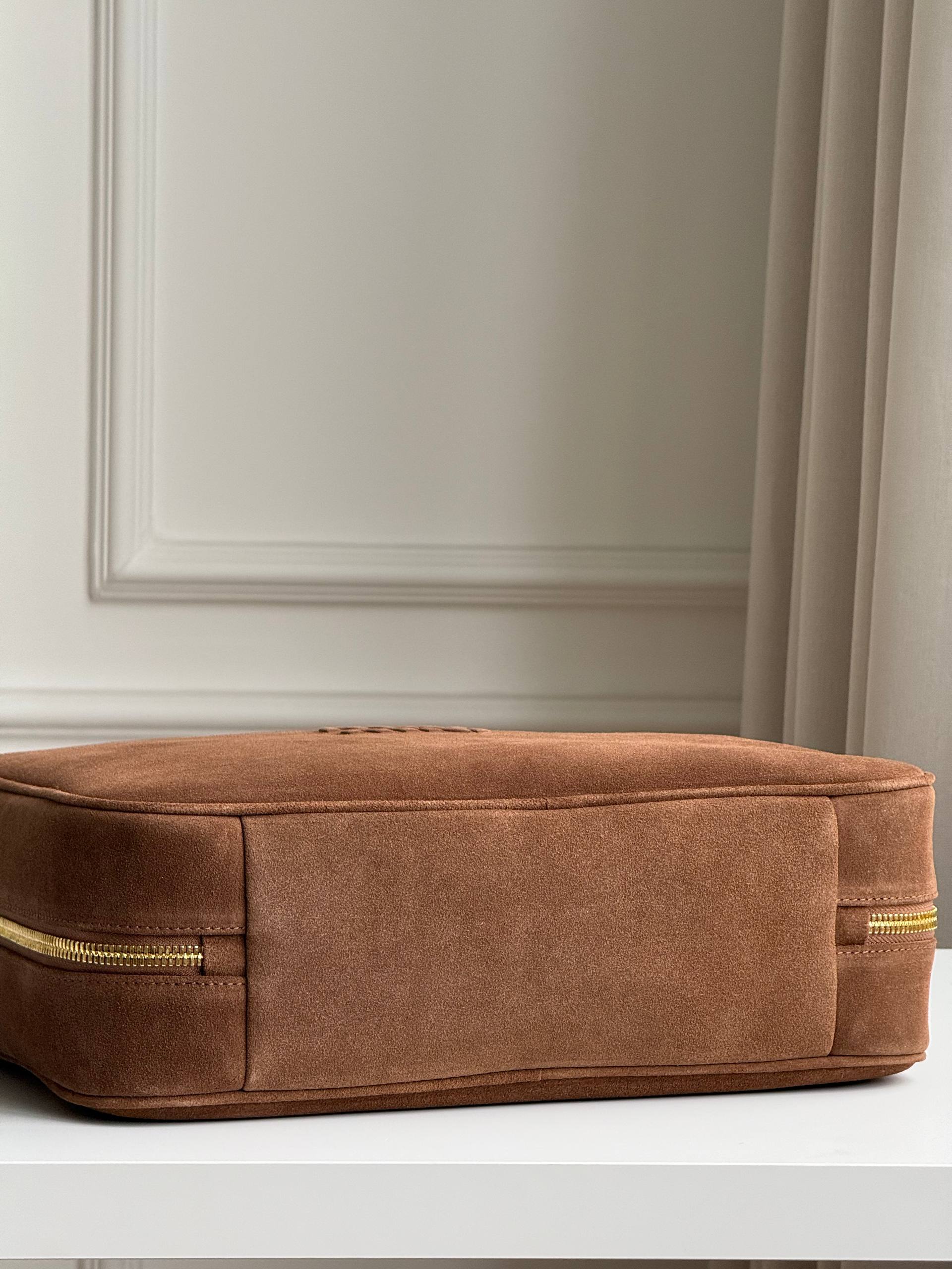 Miu Miu Brown Suede Embossed Logo Handheld Boston Cosmetic Bag
