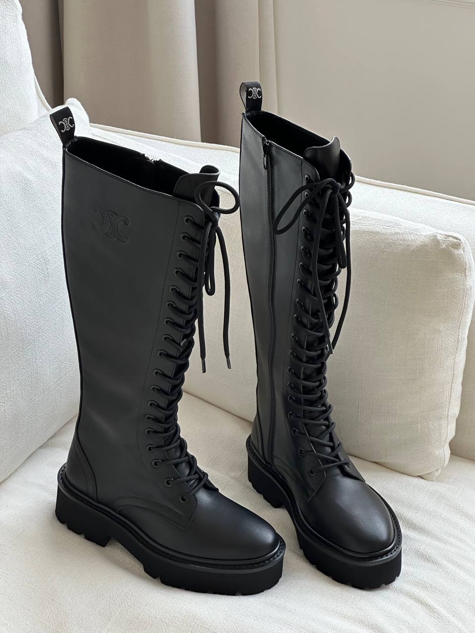 Celine Black Smooth Calfskin Triomphe Embossed Platform Lace-Up Knee High Boots