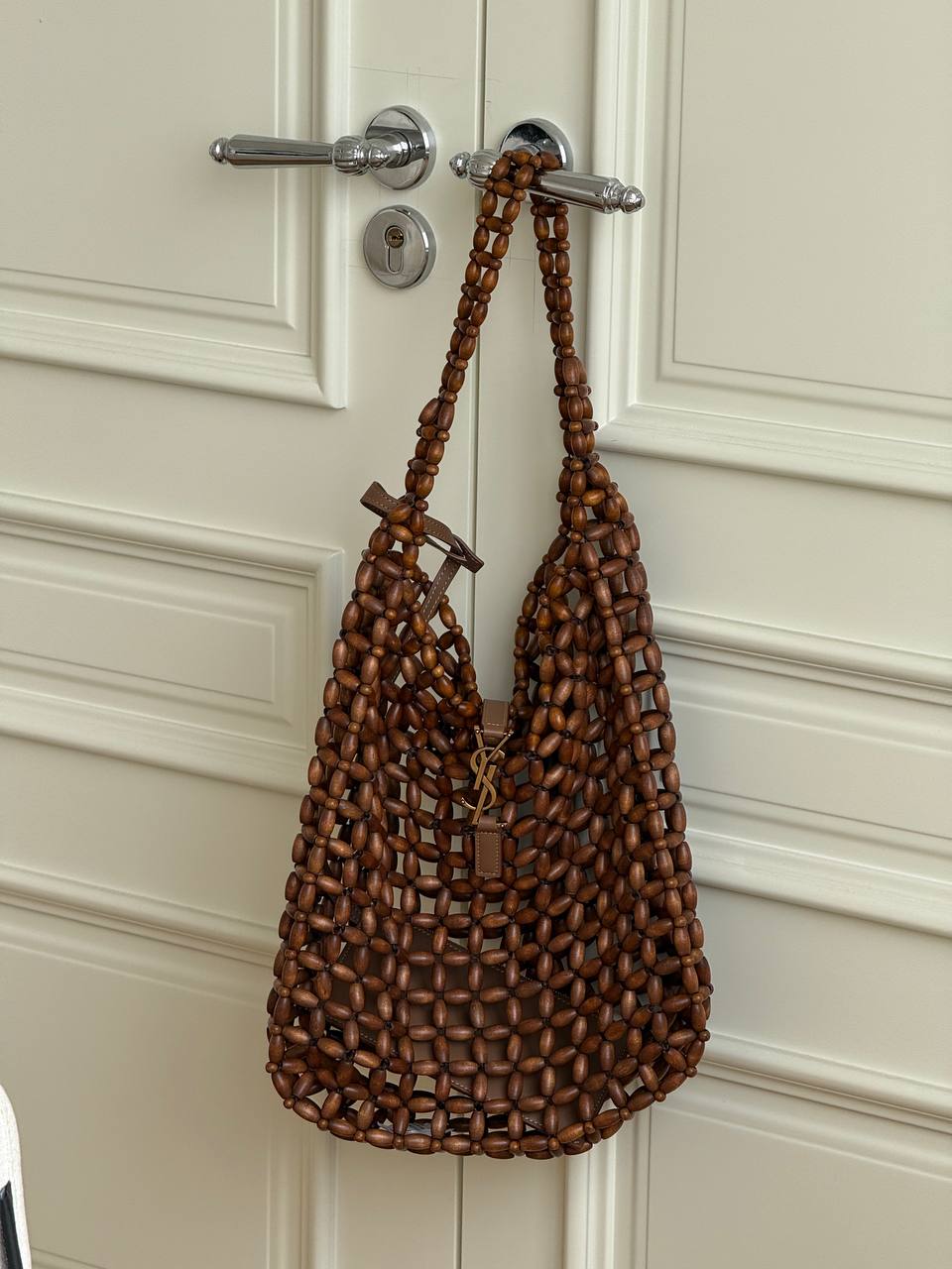 SAINT LAURENT LE 5 À 7 Large Wood Beaded Hobo Bag