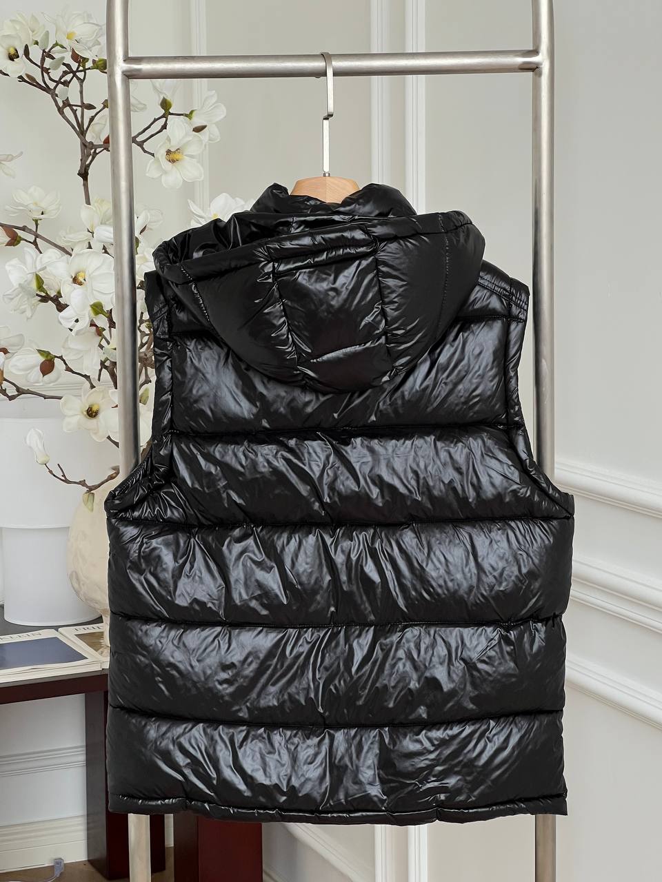 Moncler Black Shiny Nylon Detachable Hood Down Gilet Vest