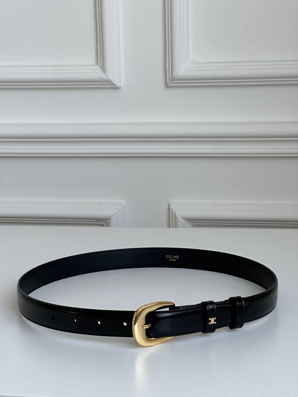 Celine Black Smooth Calfskin Thin Belt With Gold Horseshoe Buckle & Triomphe Ornament