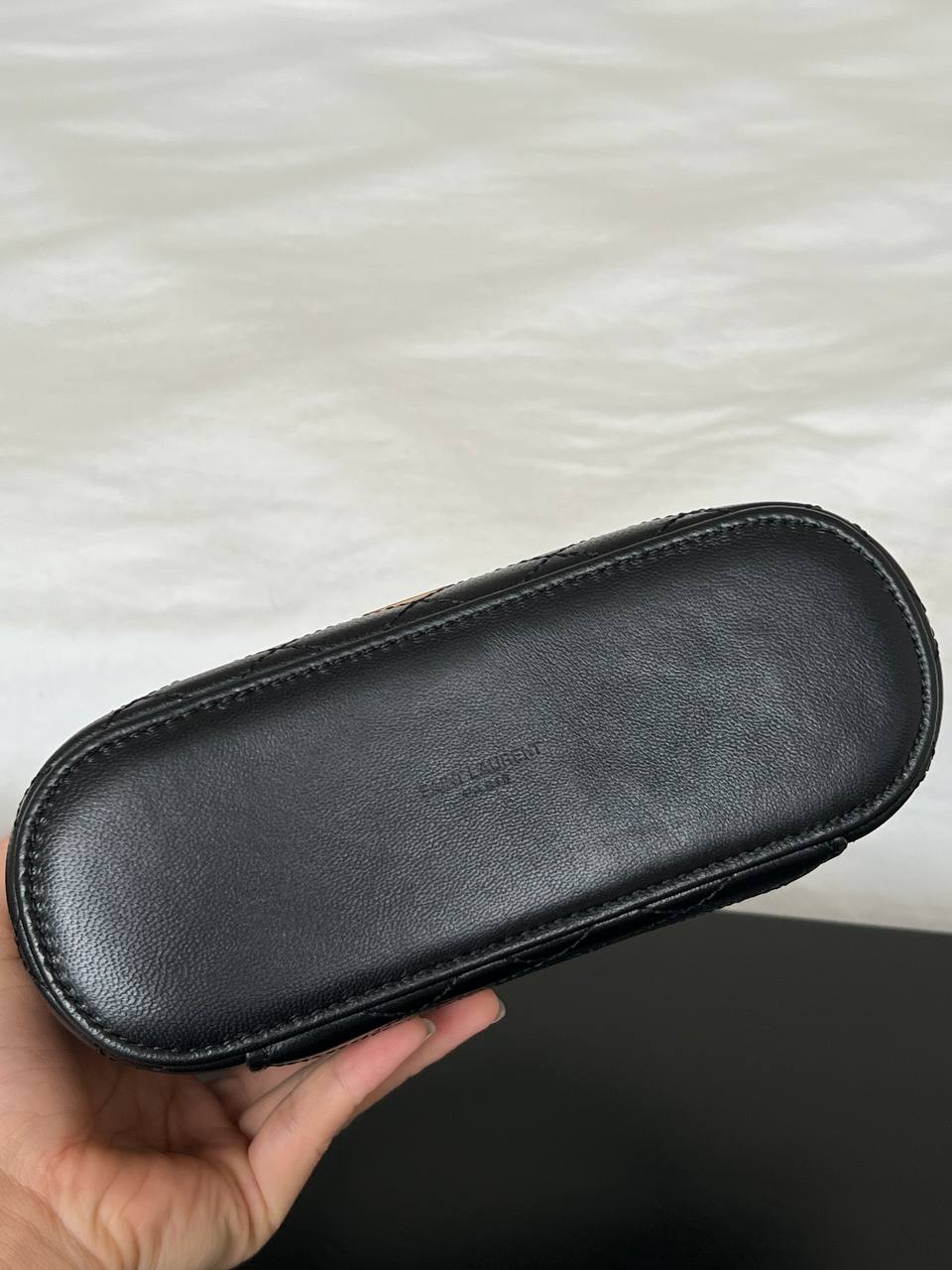 Yves Saint Laurent Black Caviar Quilted Gold Logo Top Handle Mini Vanity Box Bag