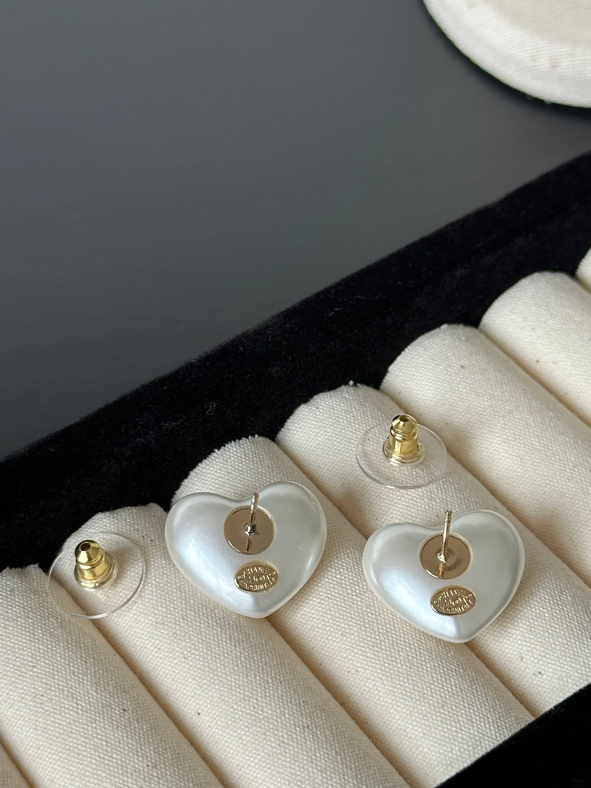 Chanel Heart Mother-of-Pearl Crystal CC Stud Earrings