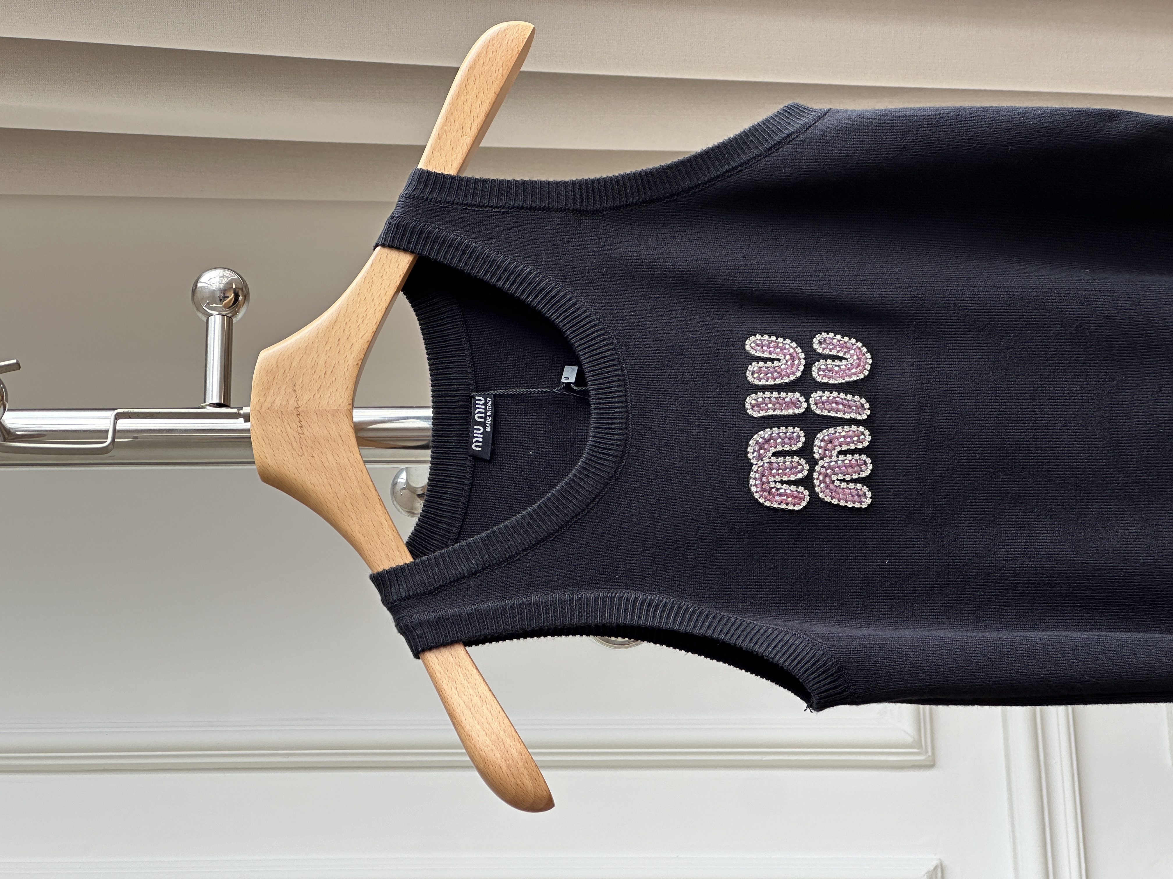 Miu Miu Black Pink Rhinestone Logo Rib Knit Tank Top