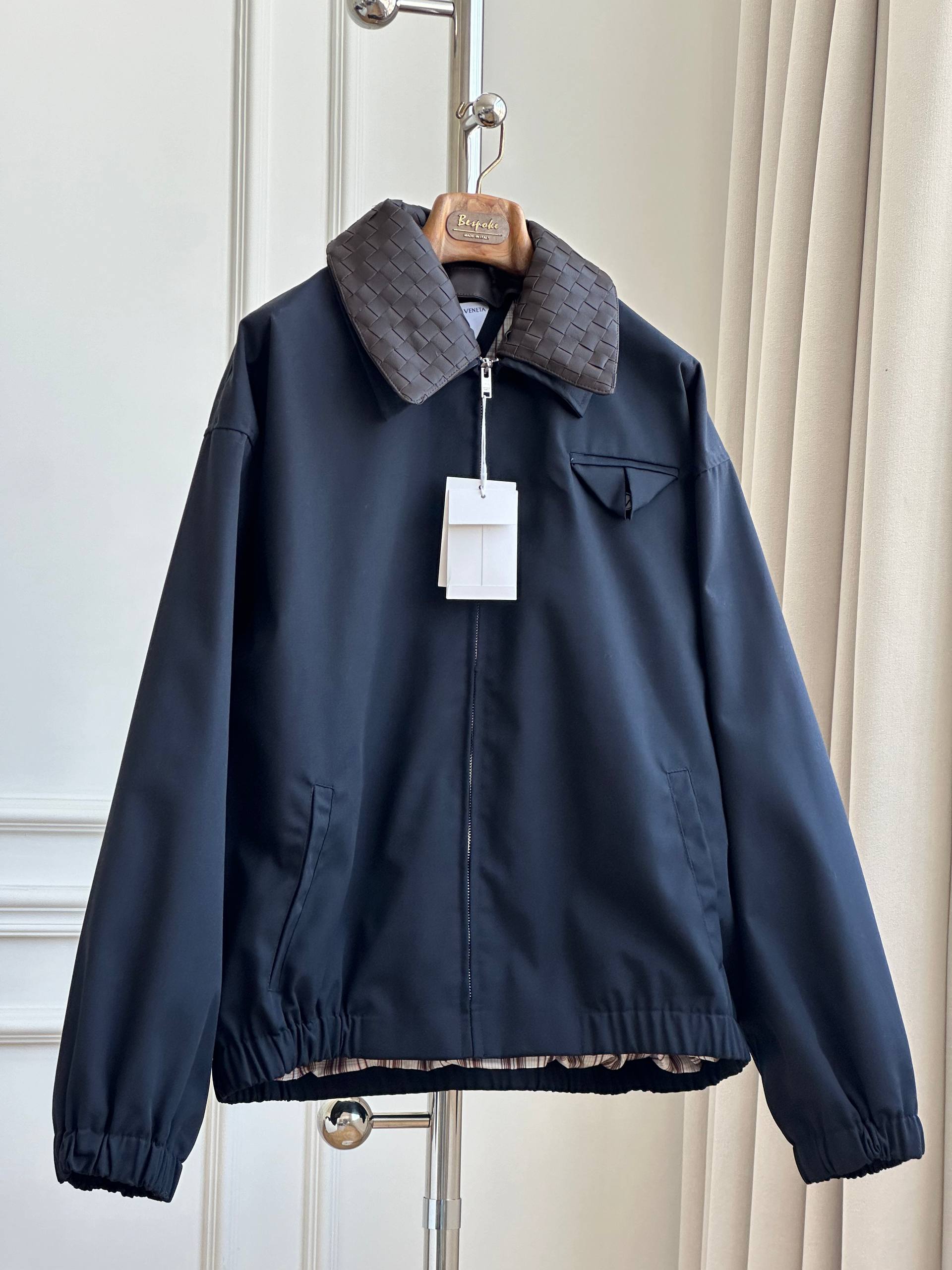 Bottega Veneta Cotton Twill Bomber Jacket with Intrecciato Leather Collar